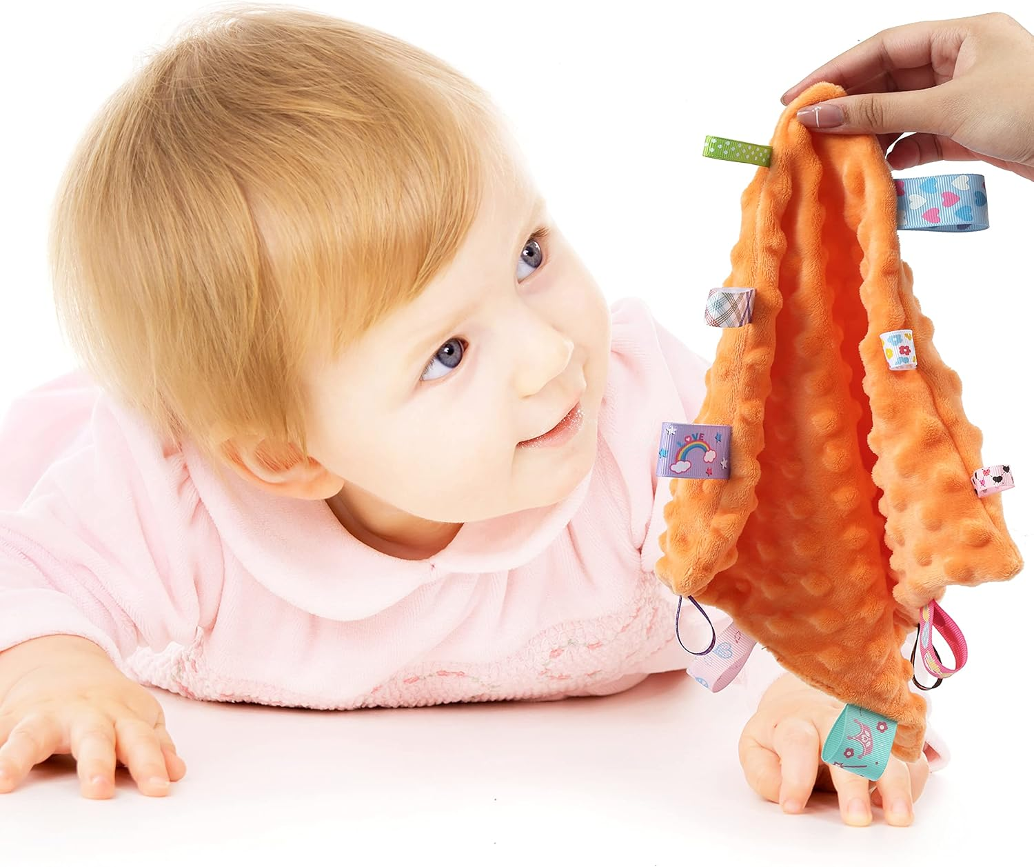CREVENT Tag Security Blankets for Babies, Soft Small Loveys for Girls Boys, Baby Comforter Sensory Blanket, Great Gifts for Birthday Baby Shower (24.5X24.5CM Orange Tag) image number 2