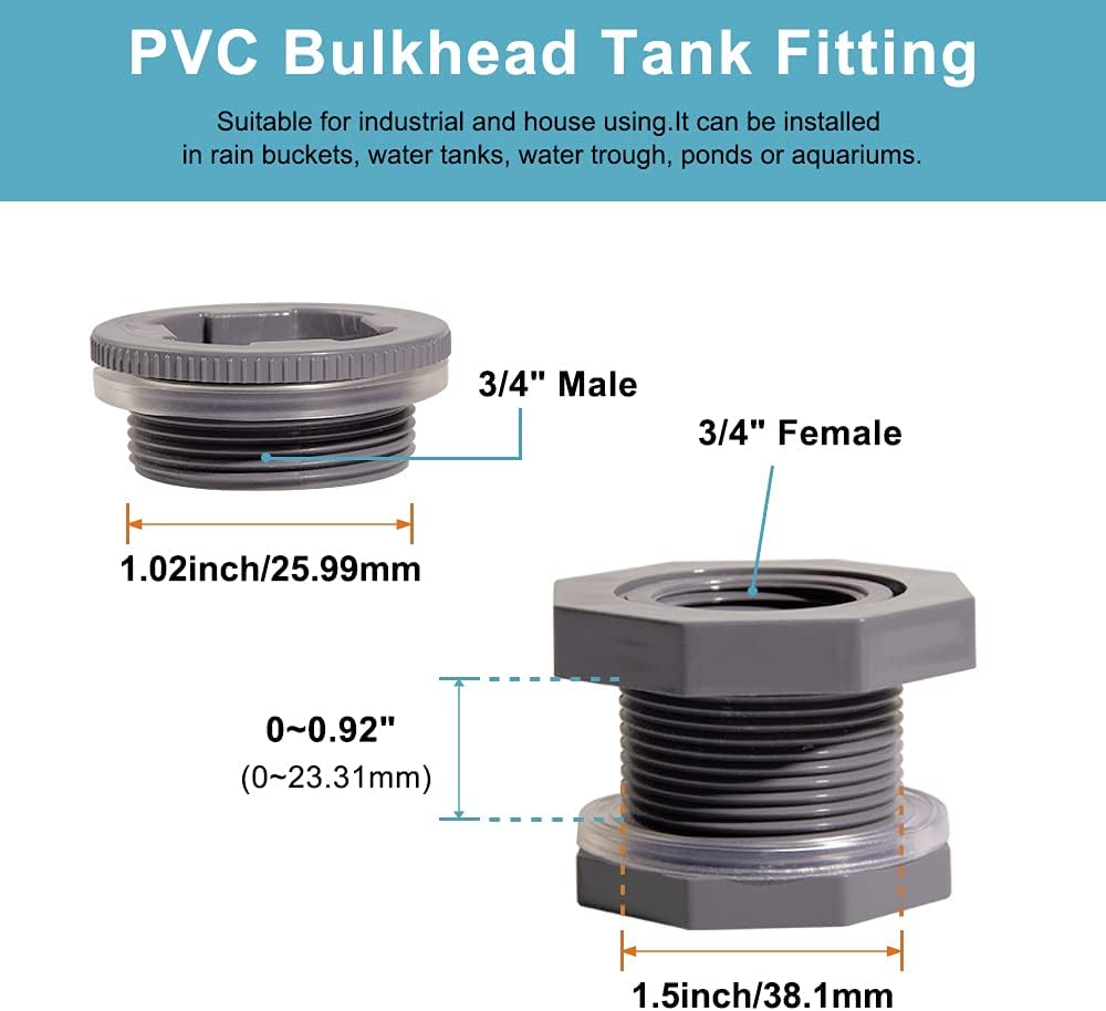 Ququyi 3/4 Inch PVC Bulkhead Water Tank Connector Adapter Fitting with Plugs Thru-Bulk Pipe Fitting for Rain Barrels, Aquariums, Ponds(Set of 1) image number 6