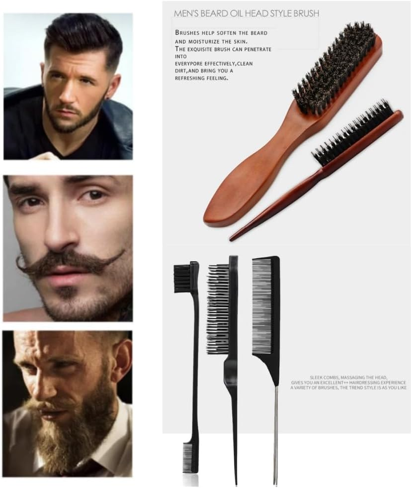 Jindizi Boar Bristle Hair Brush Set, 5Pcs - Slick Back, Teasing, Quiff Roller, Anti-Static, Black image number 1