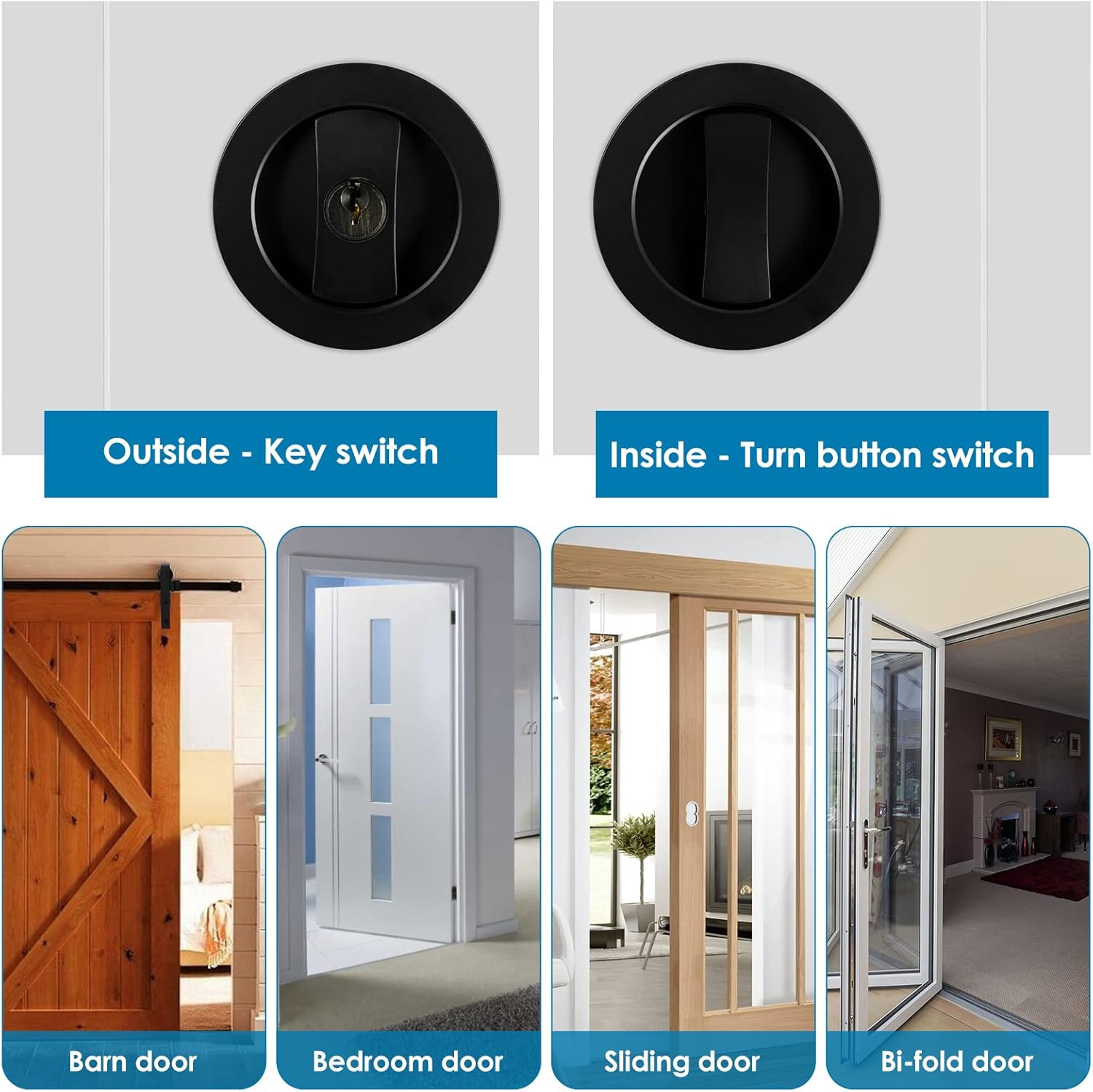 Bed/Bath Pocket Door Lock and Pull round Privacy Door Lock with Key Recessed 2 Sided Invisible Sliding Door Locks Hardware for 1 3/8 Inch to 1 15/16 Inch Thickness Door (Black) - Black image number 2