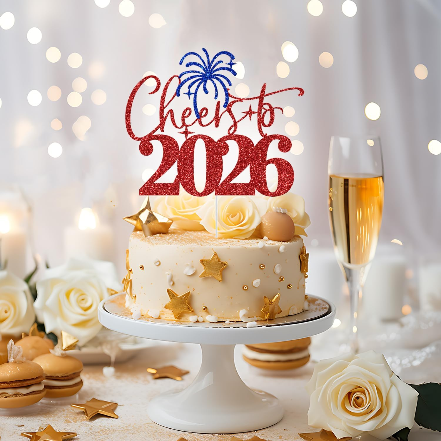 Cheers to 2025 Cake Topper, Happy New Year Cake Picks, Welcome 2025, New Year'S Eve/Christmas/Happy Holiday Party Decoration Supplies, Red & Blue Glitter image number 4
