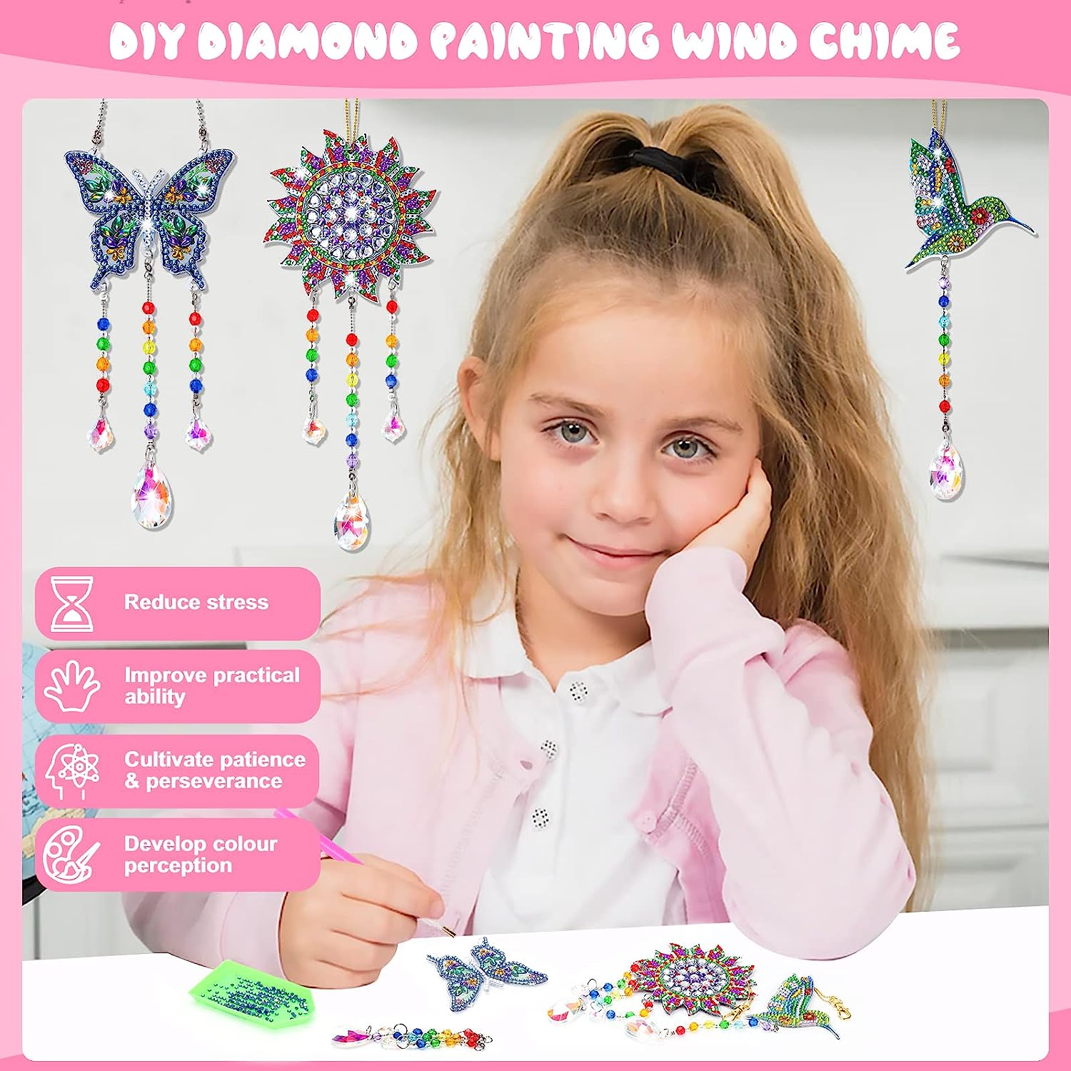 Crafts for Kids Ages 8-12, Birthday Gifts Presents for 6 7 8 9 10 11 Year Old Girls Diamond Painting Kits for Girl Toys Age 5-11 Teen Adults Wind Chimes Crystal Window Suncatcher for Home Garden Decor image number 5