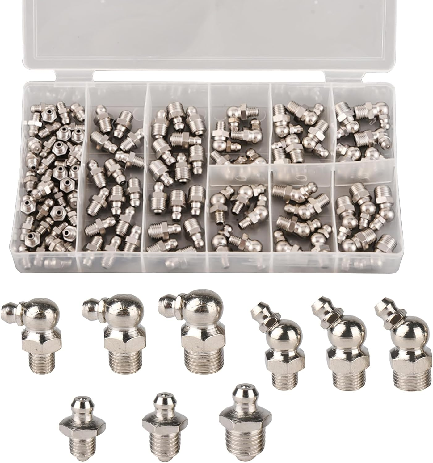 Acbbmns 220Pcs Metric & Imperial Hydraulic Grease Nipple Assortment Kit 1/4" 1/8" M6 M8 M10 Straight 45 Degree 90 Degree Angled Galvanized Steel Grease Fitting Set image number 4