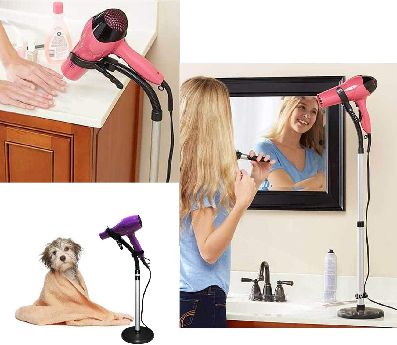LUEXBOX 360 Degree Rotating Hair Dryer Stand with Heavy Base - Hands-Free Holder, Adjustable Height, Countertop - Black image number 4