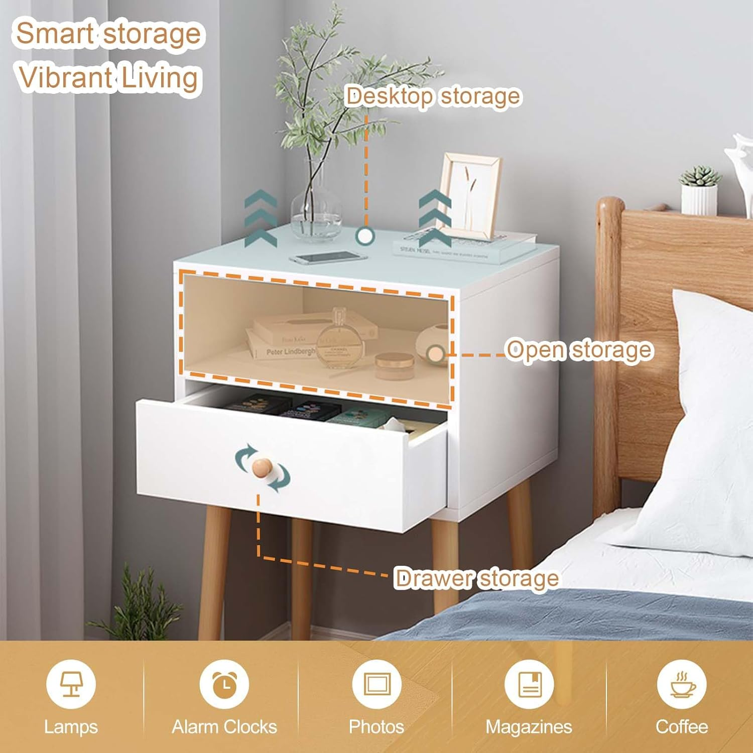 Bedside Table Drawers Side Organiser 40L&times;30W&times;59H, Small Desk Chest with Drawers,Bedroom Living Room Home Furniture Tallboy Lamp Stand Nightstand Cabinet (White) image number 6