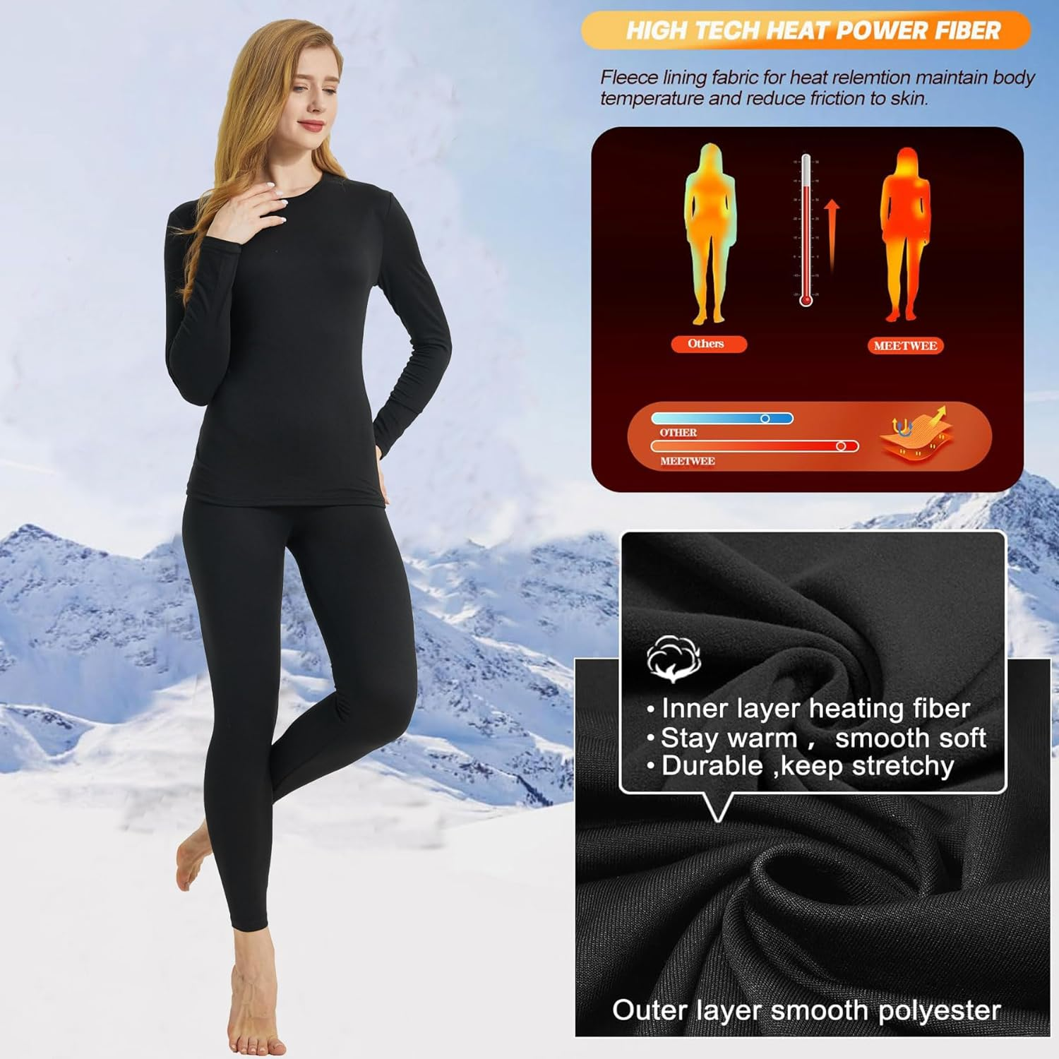 KROFZOPW Womens Thermal Underwear Sets Long Sleeve Fleece Lined Long Johns Tops & Bottoms Ultra Soft Cold Weather Base Layer image number 2