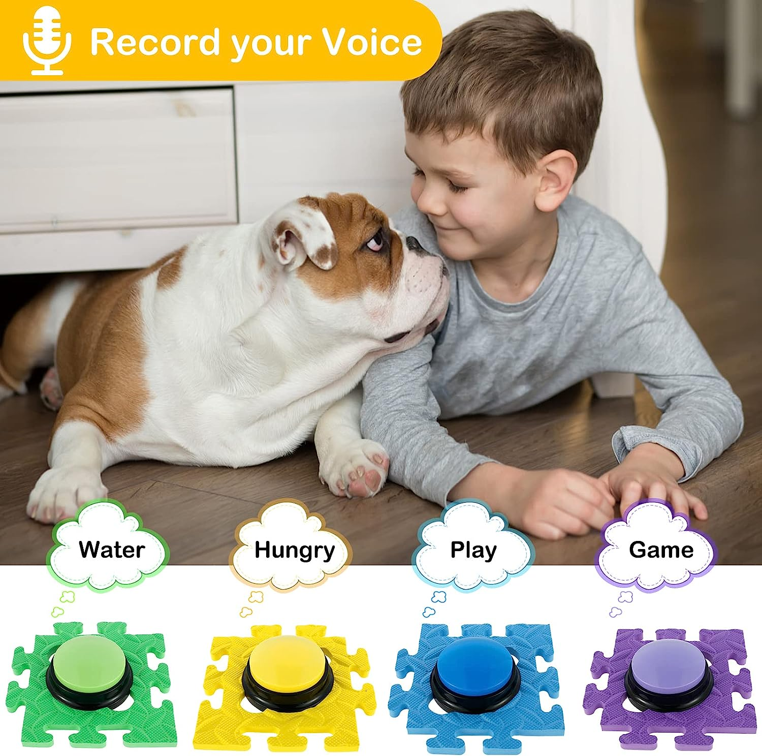 4Pcs Dog Talking Button and Non-Slip Mat, Pet Training Buzzer, Recordable Training Buttons for Dogs, 30Seconds Voice Recording, Portable Easy to Use for Communication Dogs Pet