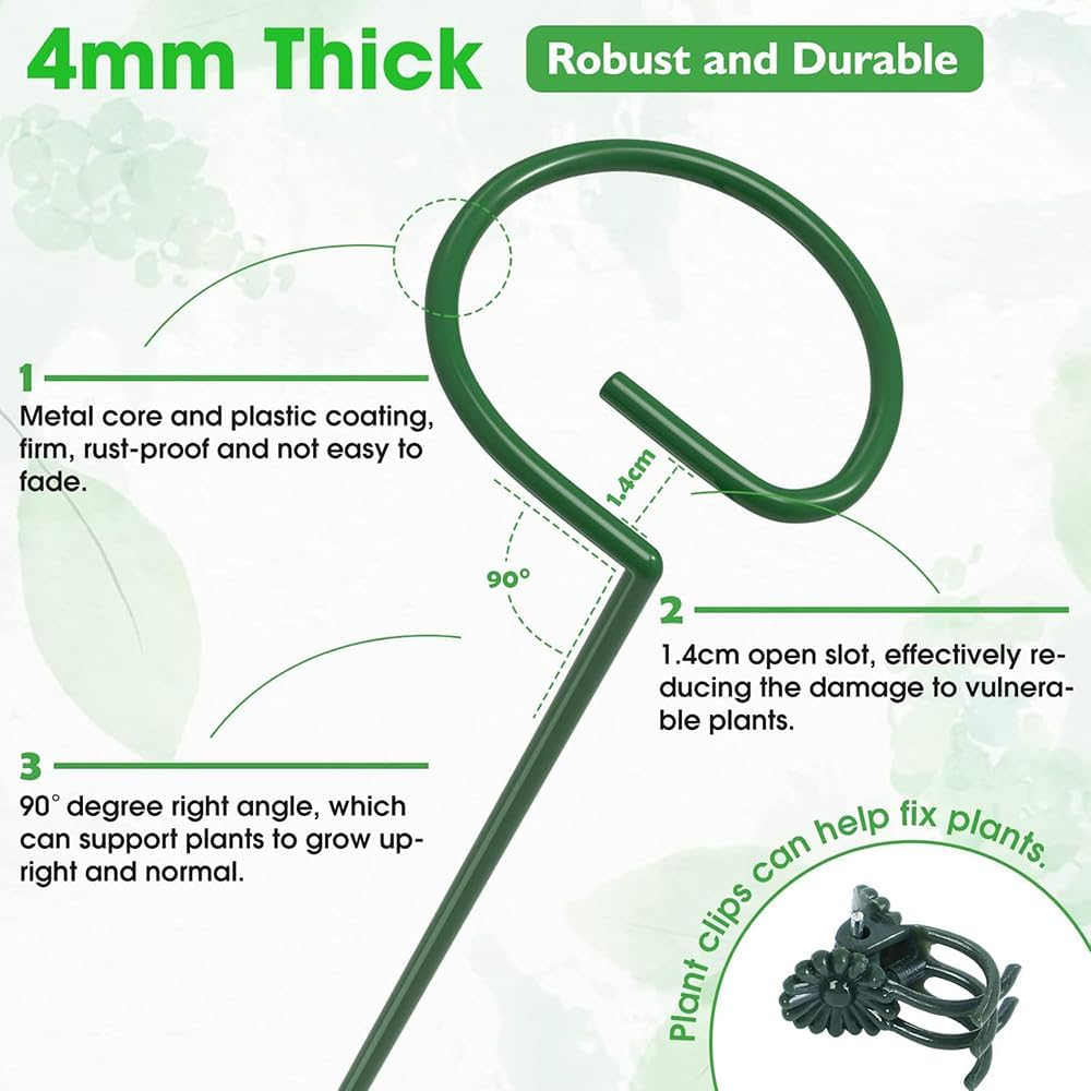 20 Pack 13.8 Inch Green Metal Single Stem Flower Garden Plant Support with 40Pcs Plants Clips, Plant Cage Support Ring for Amaryllis Orchid Peony Rose Tomato image number 1