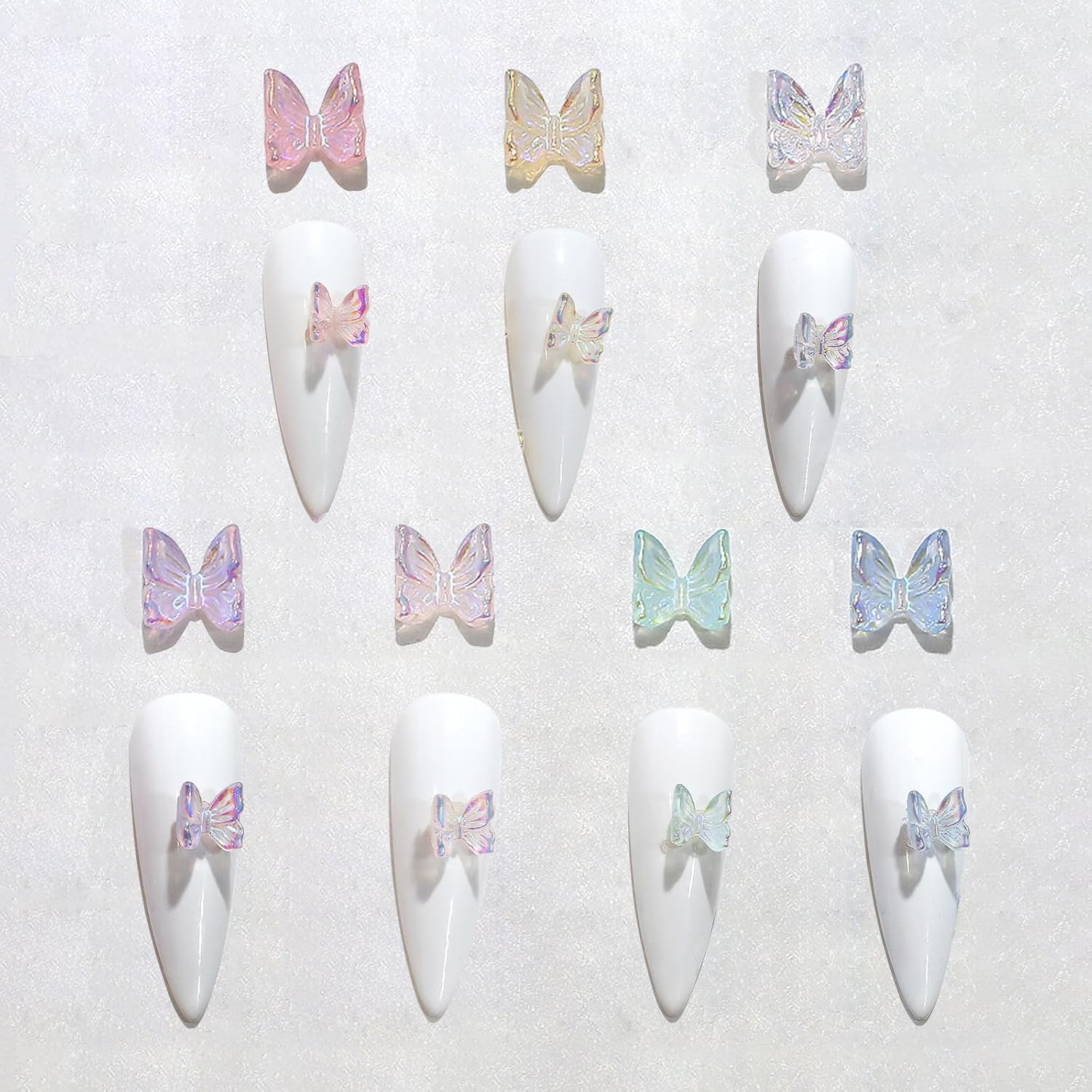 Taoluwin 100Pcs Nail Art Rhinestones, 6Mm 3D Iridescent Resin Butterfly Gems, Rhinestones for Nail Charms, Crafts & Jewelry Making, 7 Mixed Colors image number 2