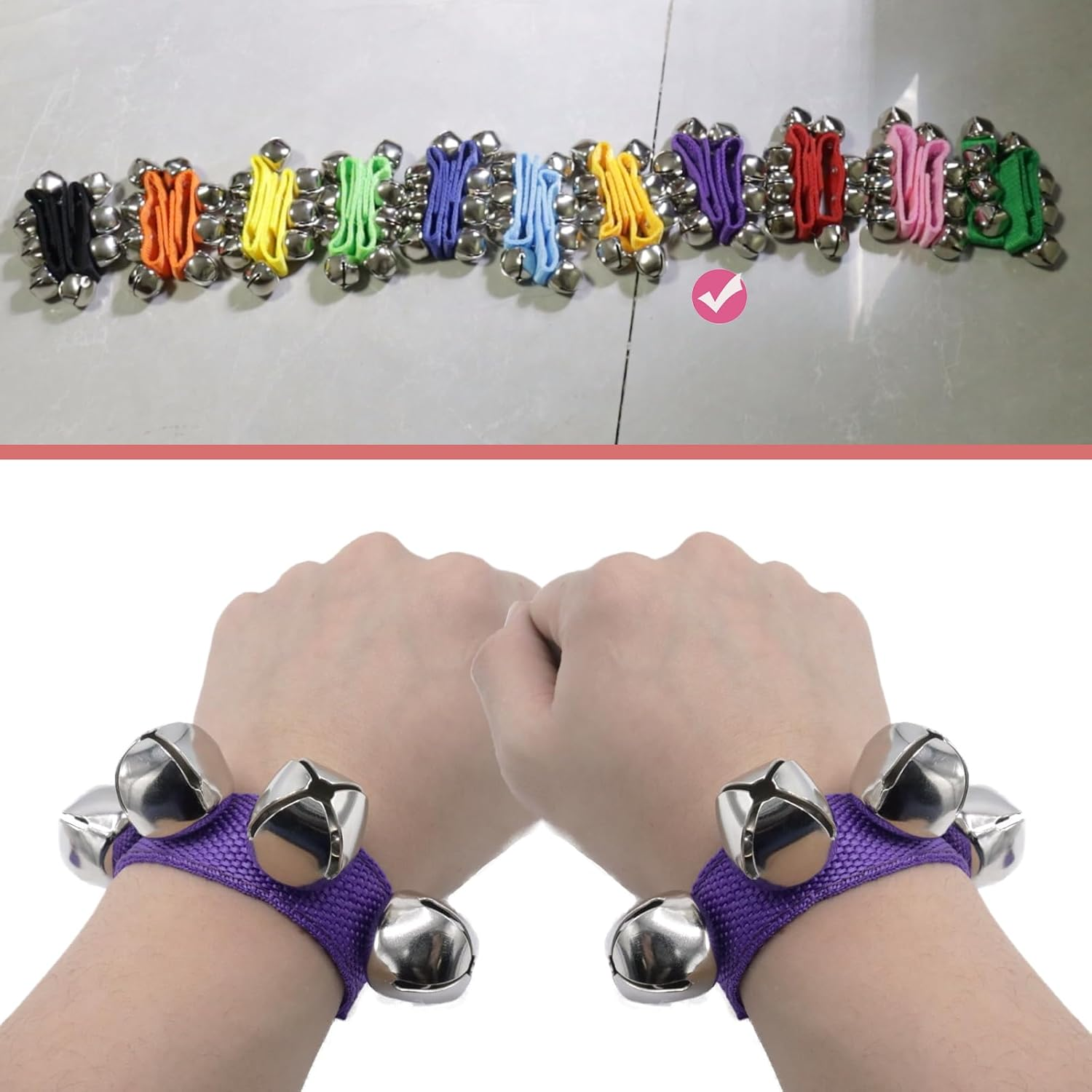 Cashbeat Wrist Bells Set of 2, Adjustable Jingle Bells for Wrist/Ankle, Percussion Accessory for Dance, Fitness, Stage Performance(Purple) - Apricot Color image number 3