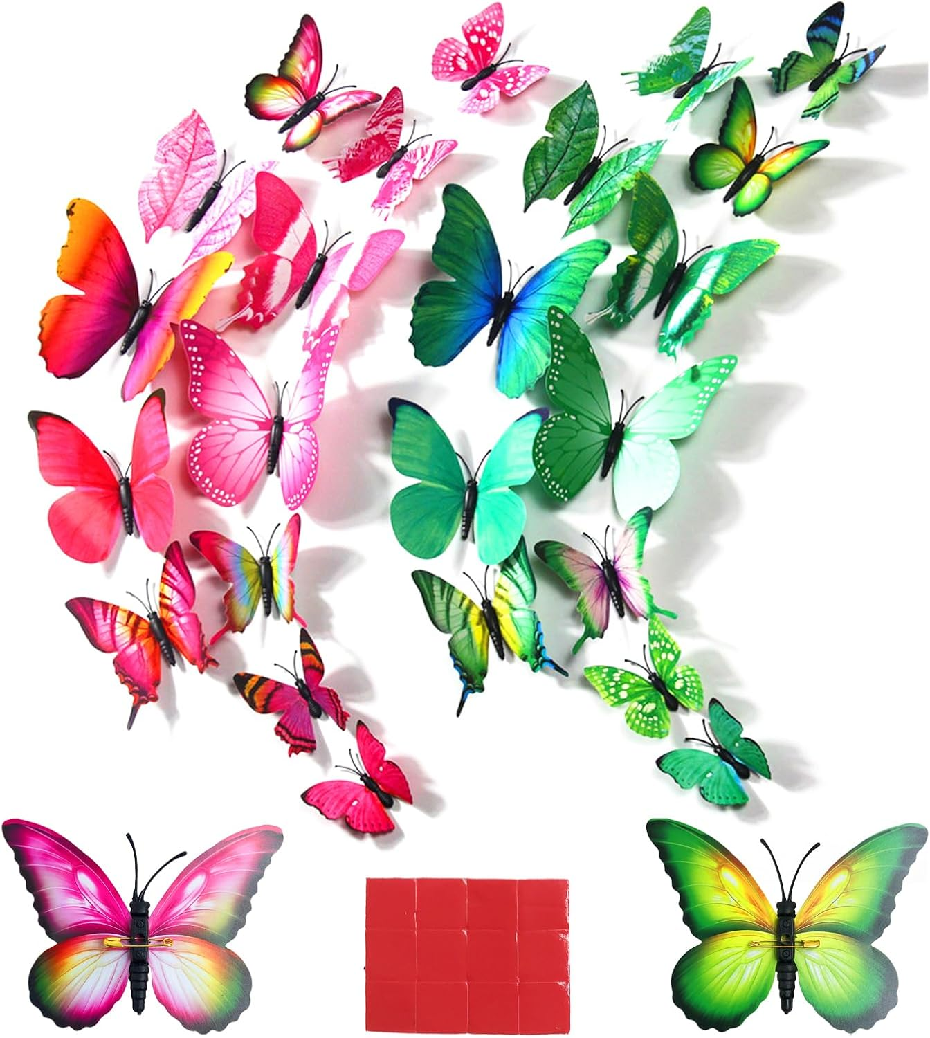 24Pcs Butterfly Wall Decor 3D Butterflies Stickers Lifelike Butterfly Decoration Removable and Reusable Removable Stickers Wall Decals (Red, Green)