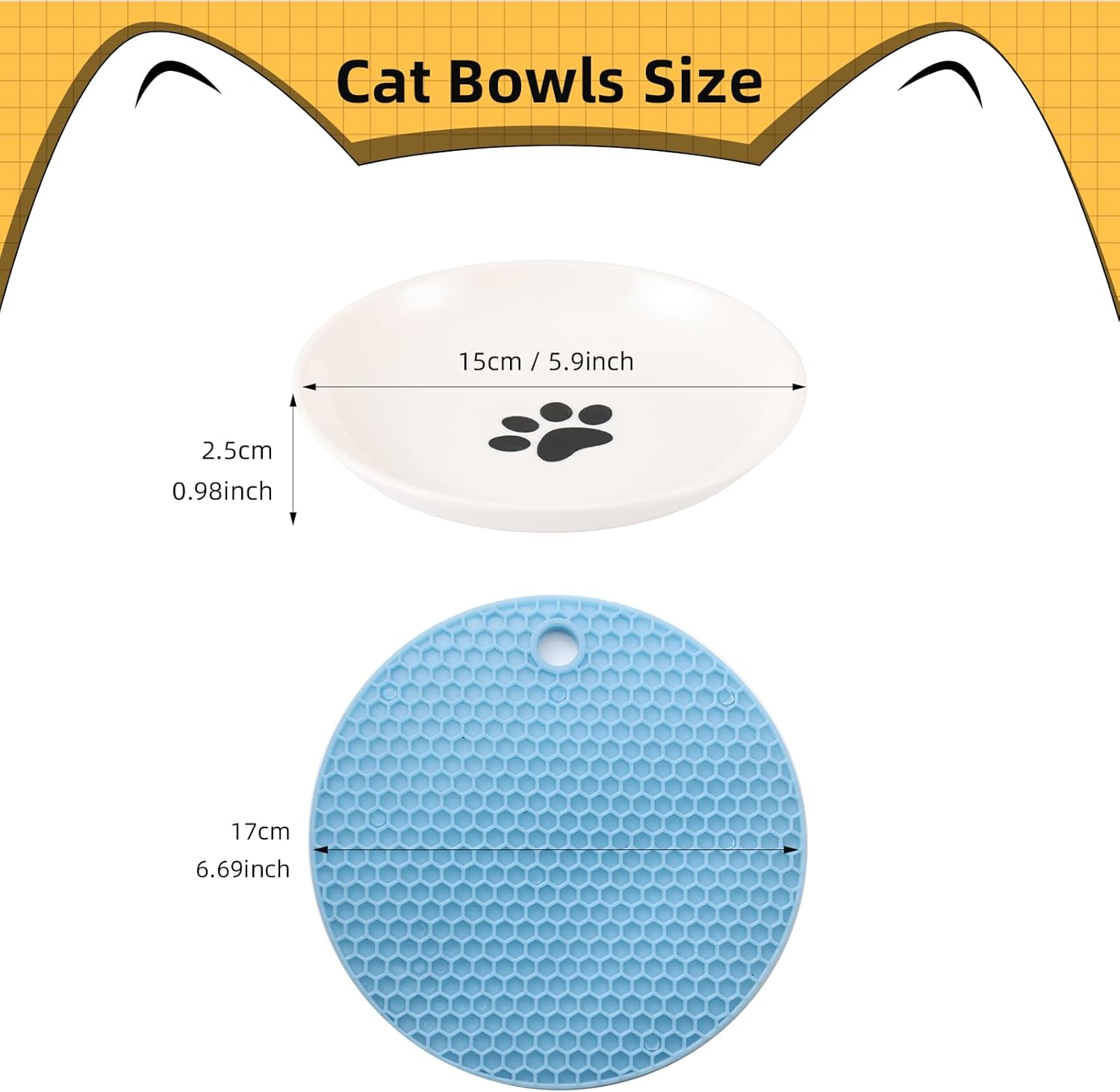 Cat Bowl, 1 Piece Ceramic Feeding Bowl with 1 Non-Slip Mat, Cat Bowl Set, Kitten Feeding Bowl, Wide and Flat Pet Feeding Bowl or Plate for Cats and Small Dogs - Fish Bones + Footprints image number 2