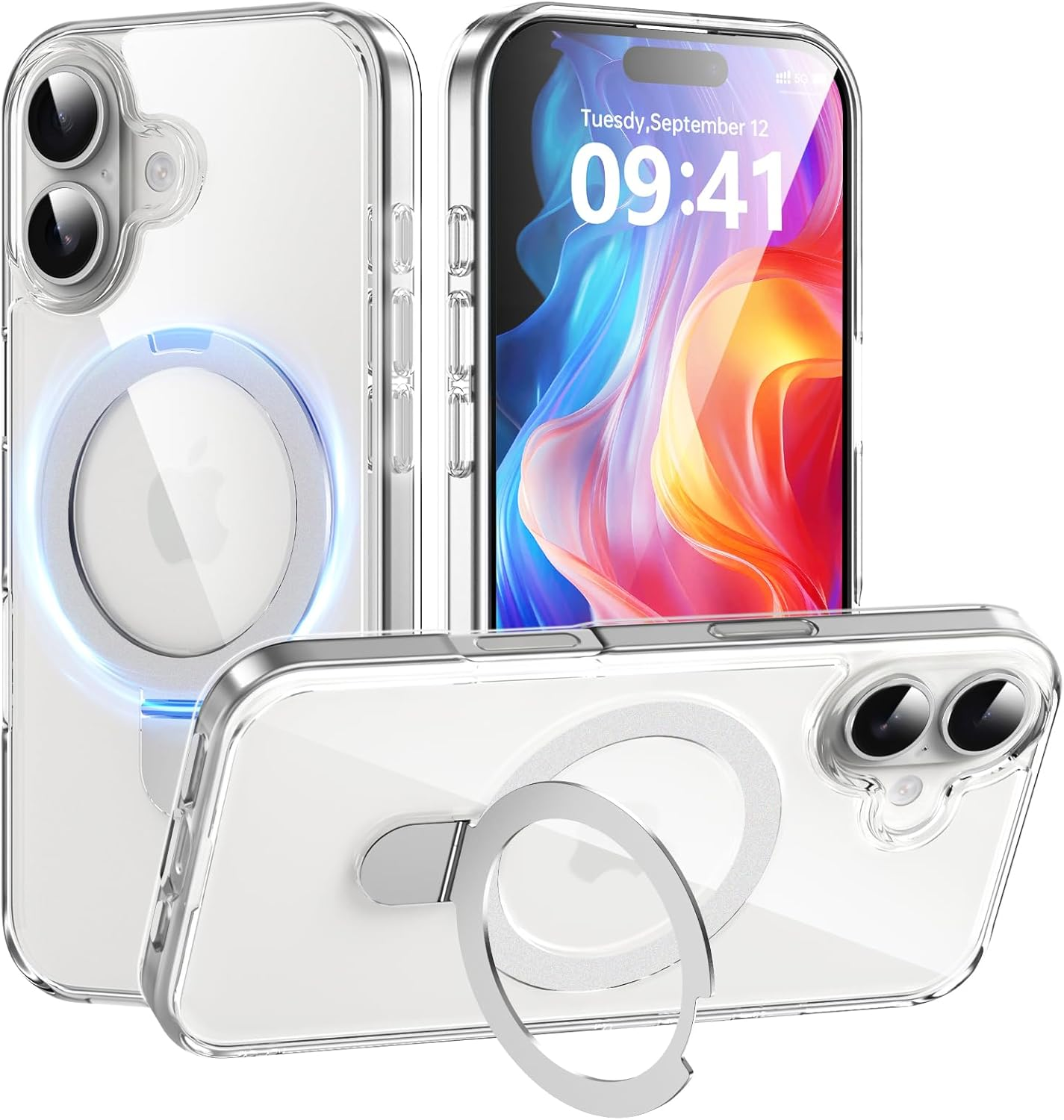 ROUMAYMAY Magnetic Case for Iphone 17 with Stand, Foldable Ring Holder, Kickstand [Compatible with Magsafe], Slim Transluscent Protective Case for Iphone 17 2025, Clear image number 4