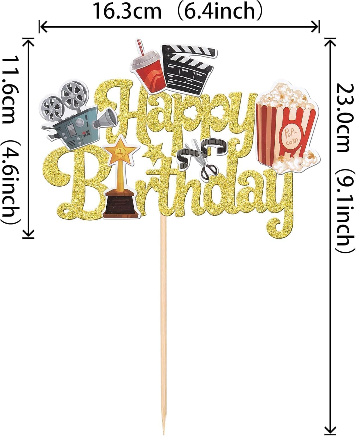 SYKYCTCY 1 Pack Movie Night Cake Topper Happy Birthday Sign Cake Pick Decorations for Theater Video Recorder Roll Camera Popcorn Hollywood Theme Family Film Baby Shower Birthday Party Supplies (Gold) image number 2