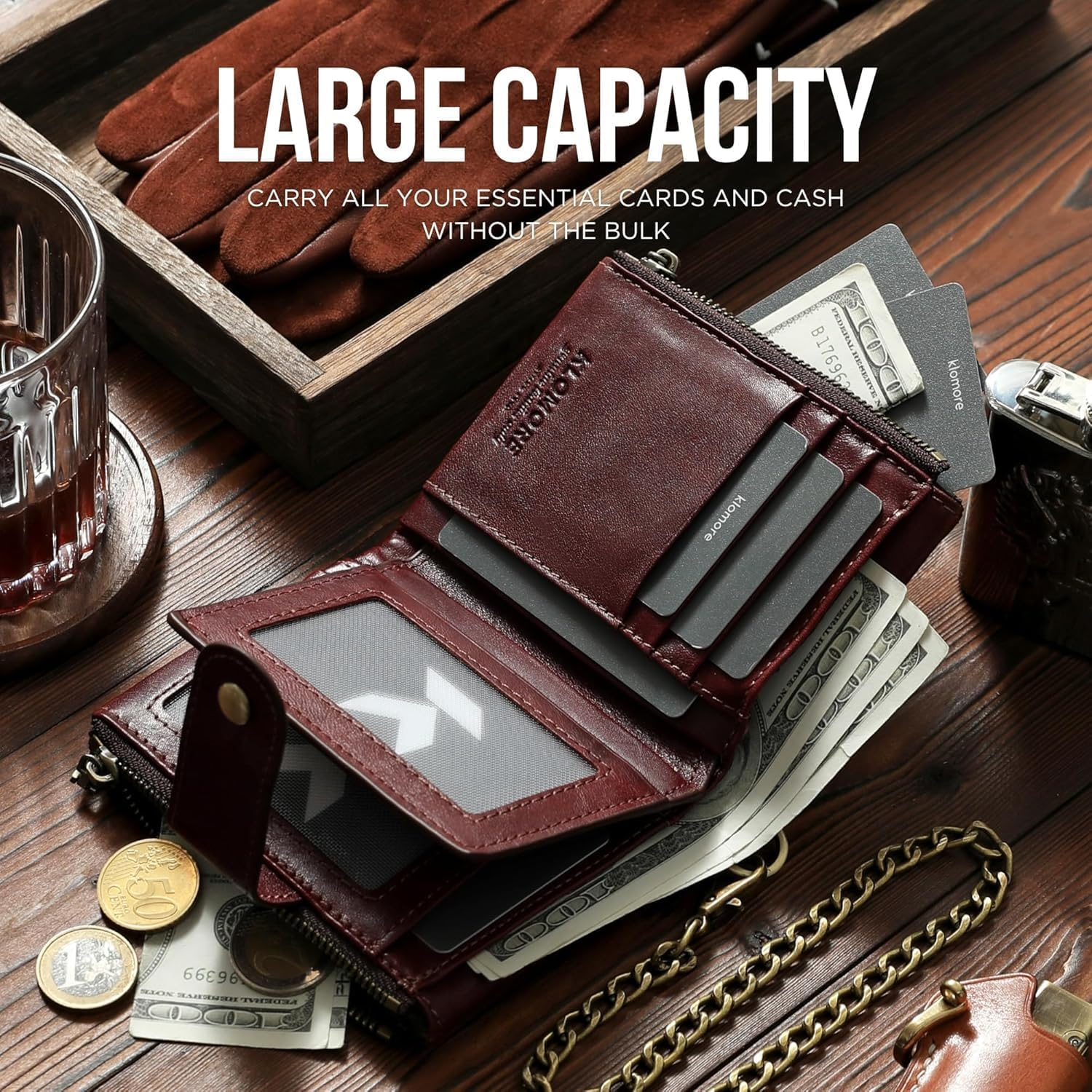 Zipper Wallet for Men Genuine Leather with Zip Coin Pocket RFID Blocking Large Capacity Bifold Purse Front Pouch Card Holder Case for Cash ID Travel, Carteras Billeteras Para De Hombres Cuero image number 3