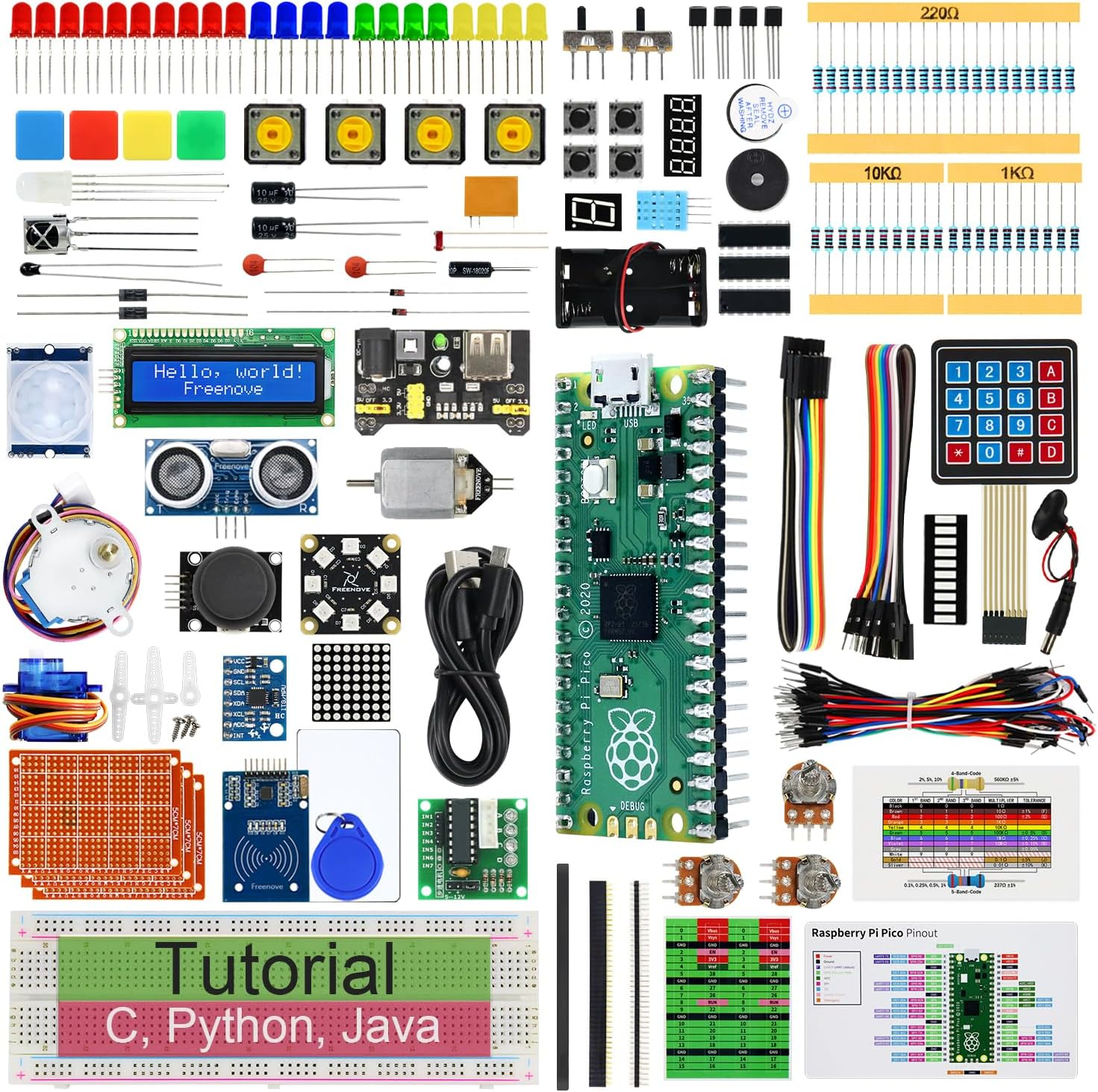 Freenove Ultimate Starter Kit for Raspberry Pi Pico 1 2 W (Not Included), 767-Page Detailed Tutorial, 220 Items, 119 Projects, Python C Java Code