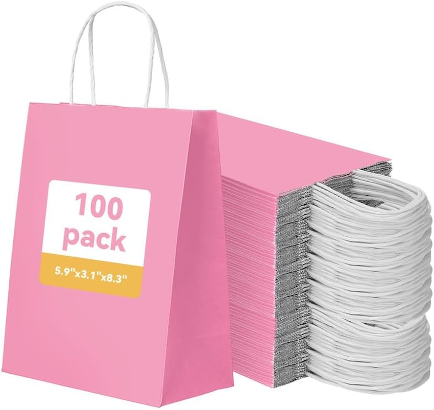 100 Pack Small Rose Red Paper Gift Bags with Handles 15X8X21Cm / 5.9"X3.1"X8.3" Bulk Small Gift Bags, Rose Red Paper Gift Bags, Party Favor Bags Goody Bags, Candy Bags, Treat Bags, Rose Red Kraft Bags image number 1