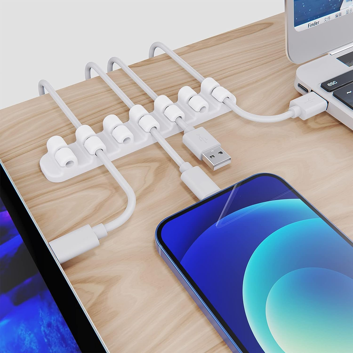 SOULWIT Upgraded Cable Holder, 3Pack Cable Management Cord Organizer Clips Silicone Self Adhesive for Desktop USB Charging Cable Power Cord Bedside Wire PC Office Home (3/5/7 Slot,White) - White image number 3