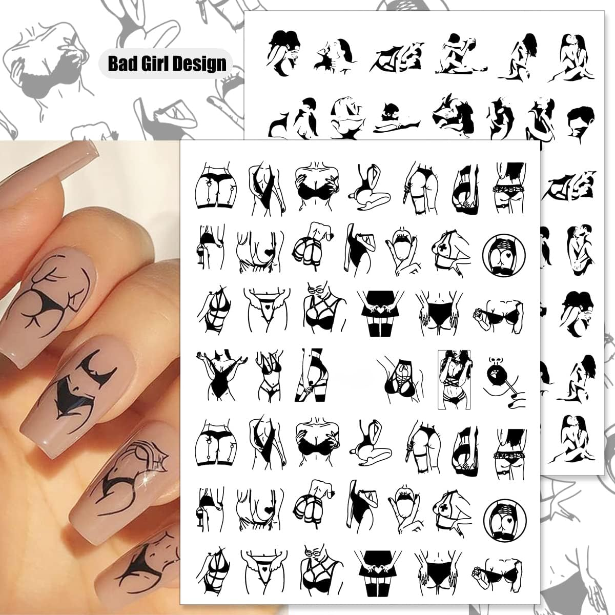 8 Sheets Bad Girl Nail Art Stickers 3D Self Adhesive Stickers Abstract Black White Design Nail Art Supplies Sexy Girls Nail Stickers for Women Girls Graffiti Fun Nail Decoration DIY Manicure Tips image number 2