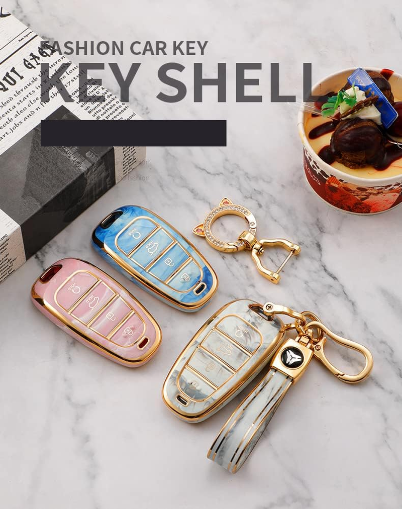 Ontto Tie-Dye TPU Car Key Fob Cover Fit for Hyundai Santa Fe Tucson 2022 Nexo NX4 Atos Prime Solaris 2021 4 Buttons Key Case Keyring Keychain Key Holder Key Shell Bag Accessories Blue image number 3