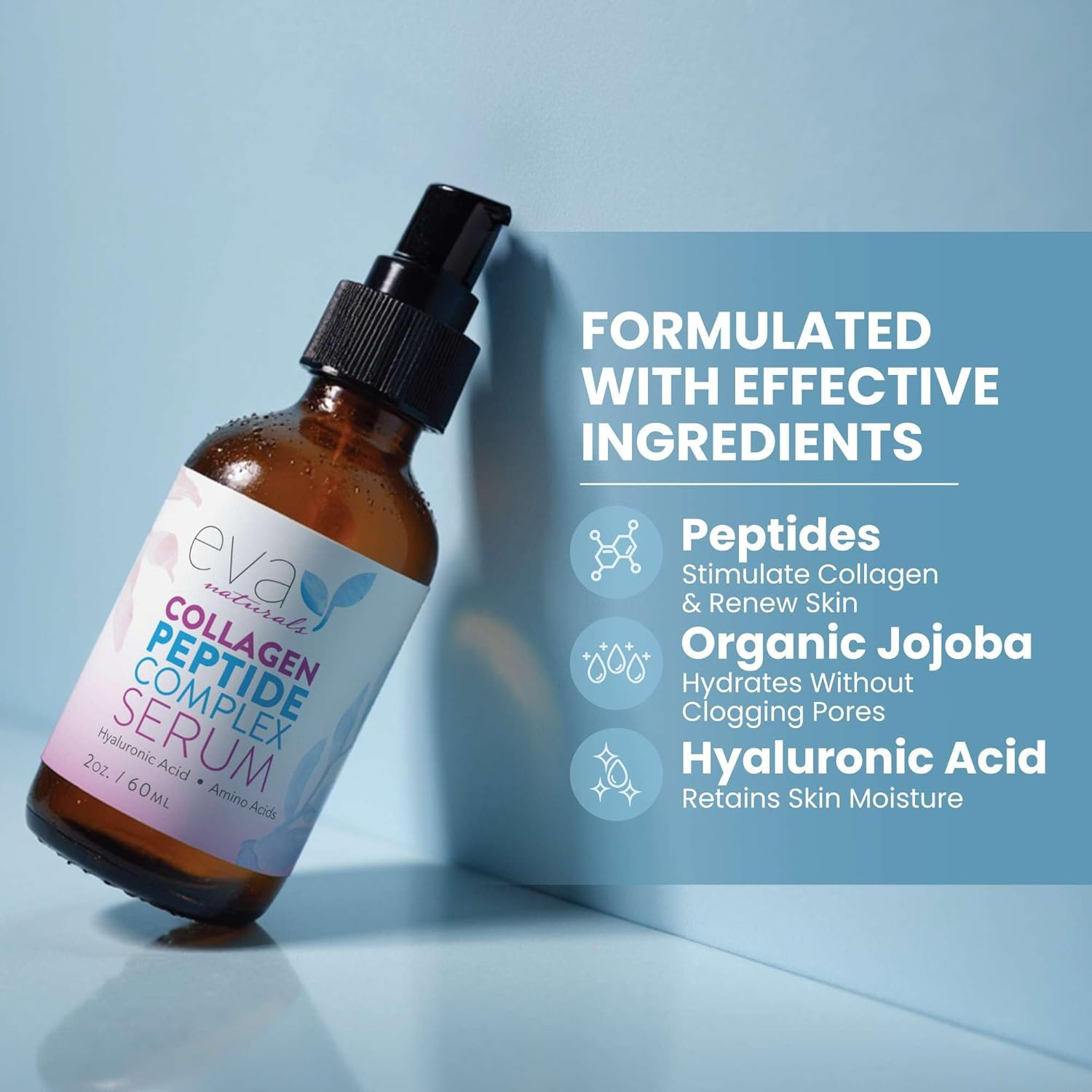 Peptide Complex Serum by Eva Naturals (2 Oz) - Best Anti-Aging Face Serum Reduces Wrinkles and Boosts Collagen - Heals and Repairs Skin While Improving Tone and Texture - Hyaluronic Acid & Vitamin E image number 5