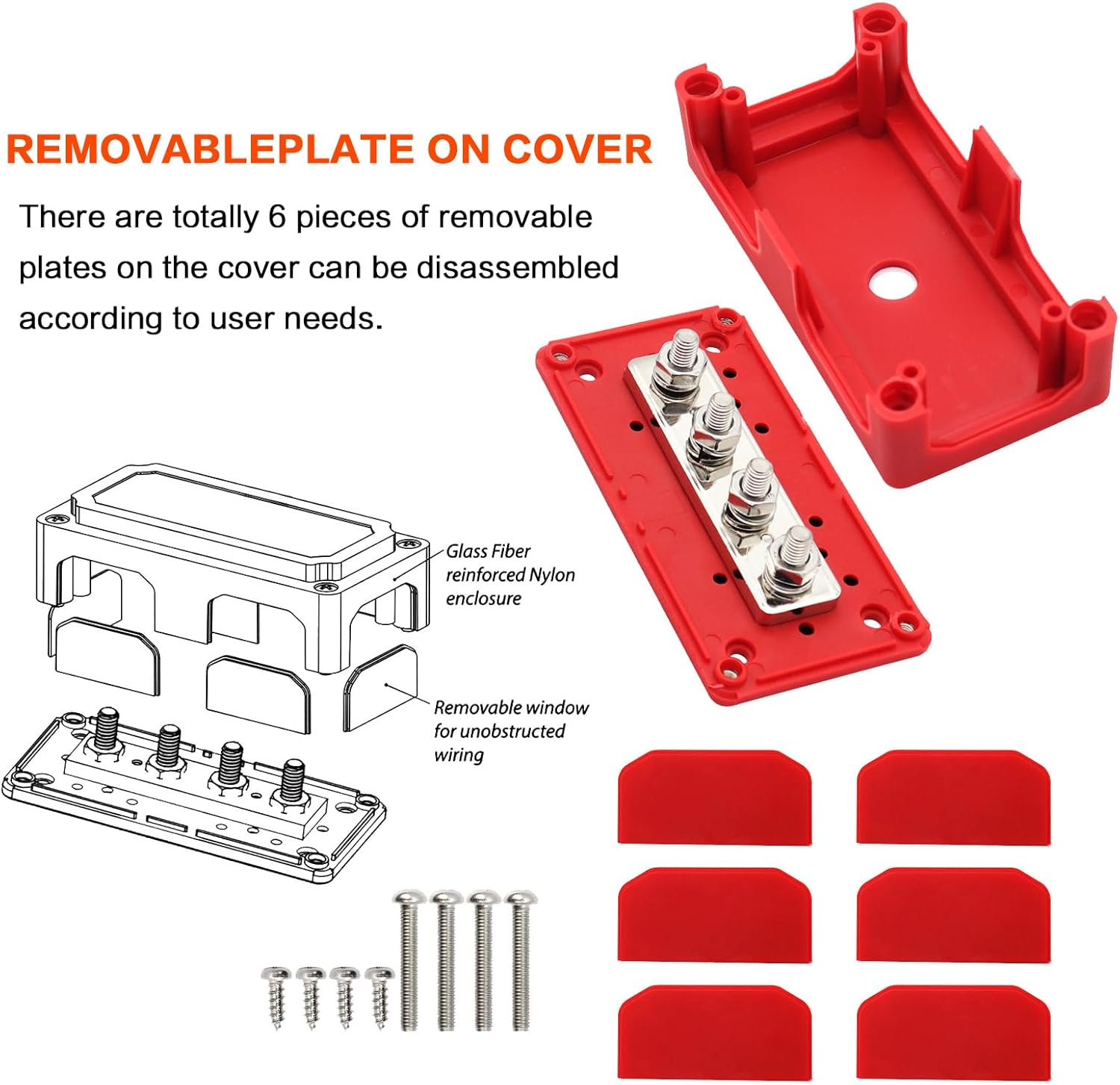 300A Bus Bar Box Heavy Duty Module Design Nickel Plated Brass Buss Battery Power Distribution 4Xm8(5/16") Stainless Steel Terminal Studs Marine Ground DC12 24 48V（Red） - Redblack image number 2