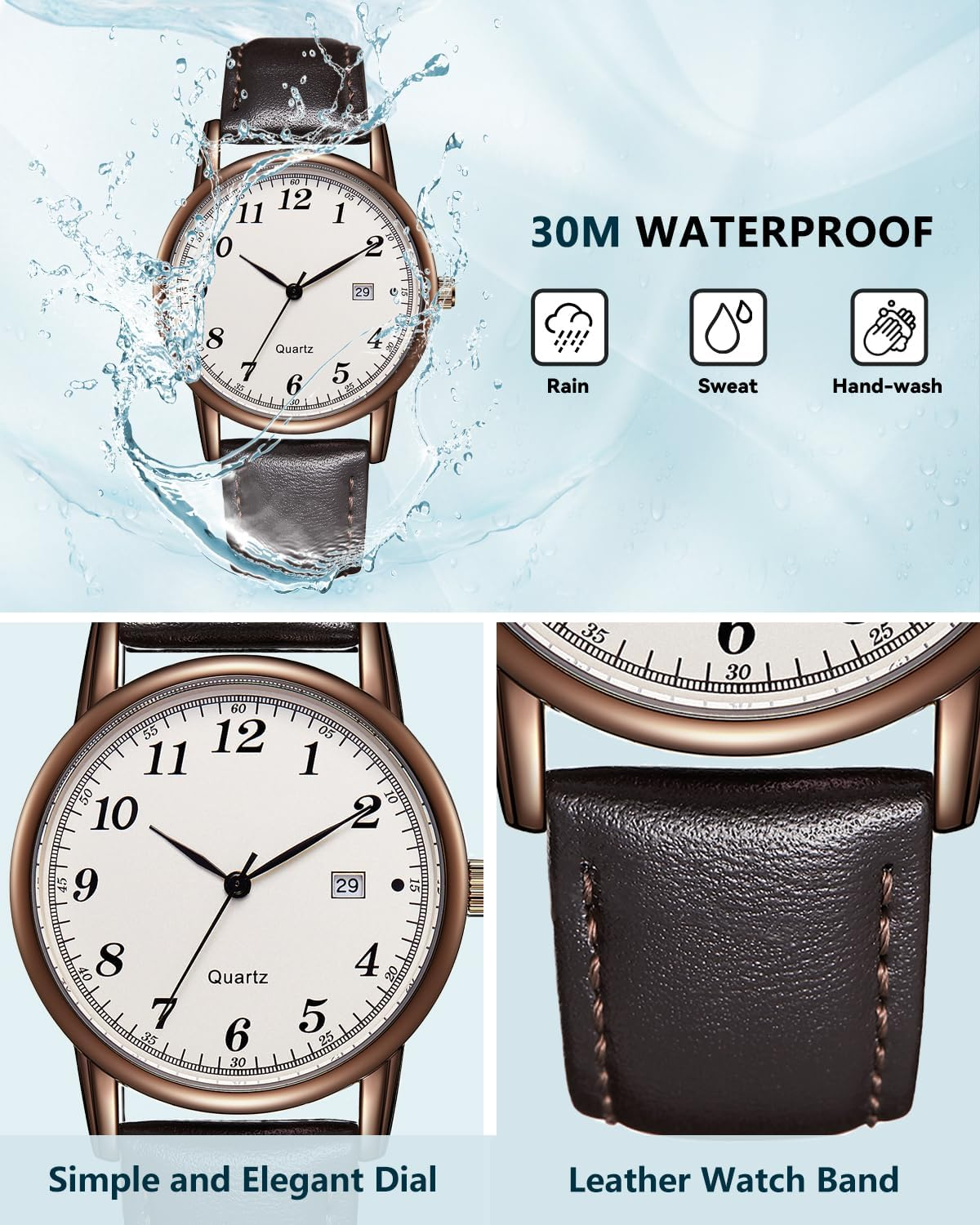 CIVO Watches for Men Military Leather: Waterproof Analog Quartz Minimalist Face - Sport Casual Date Wrist Watch - A Brown image number 2