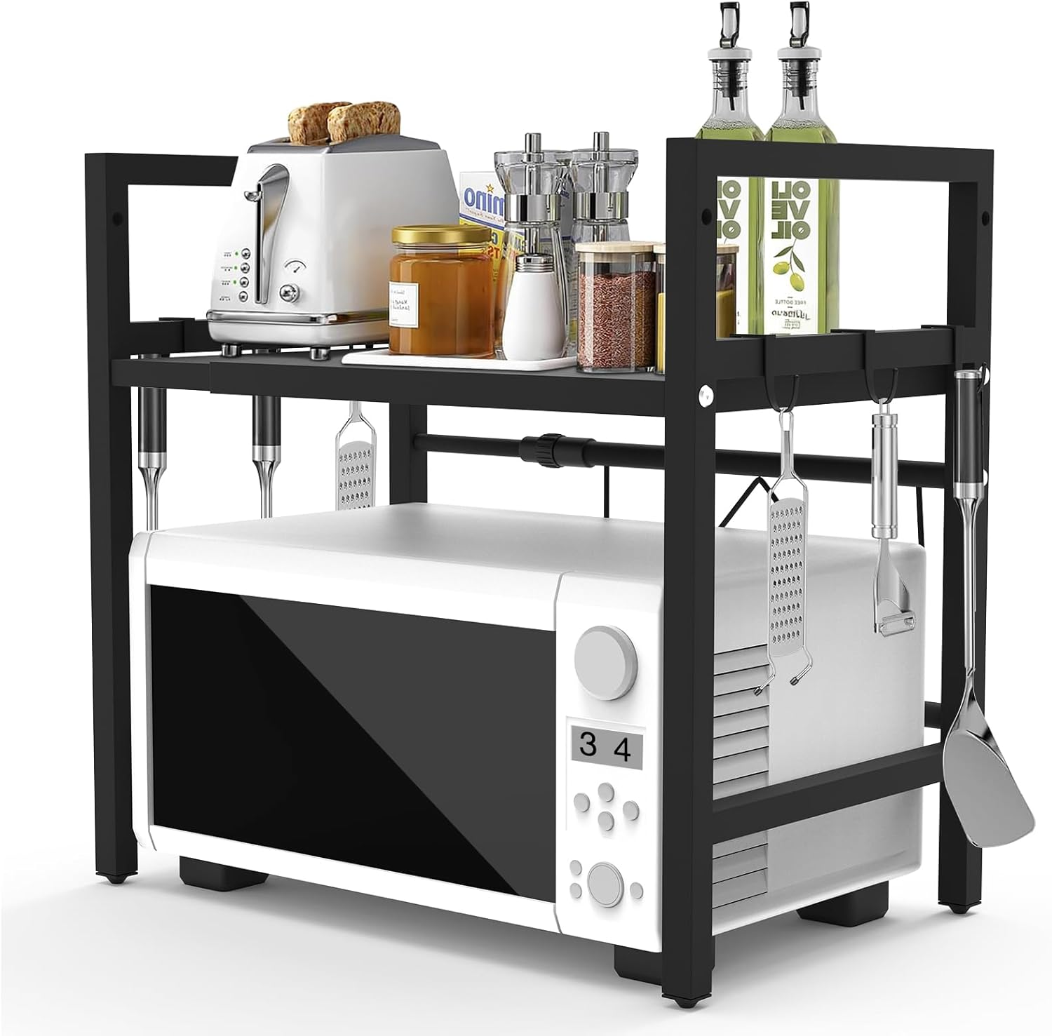 DULCE DOM Expandable Microwave Shelf, 2-Tier Adjustable Microwave Oven Rack, Space Saving Kitchen Counter Shelf for Kitchen Organizers and Storage, 45 KG Load Bearing, with 6 Hooks (2 Tier) image number 2