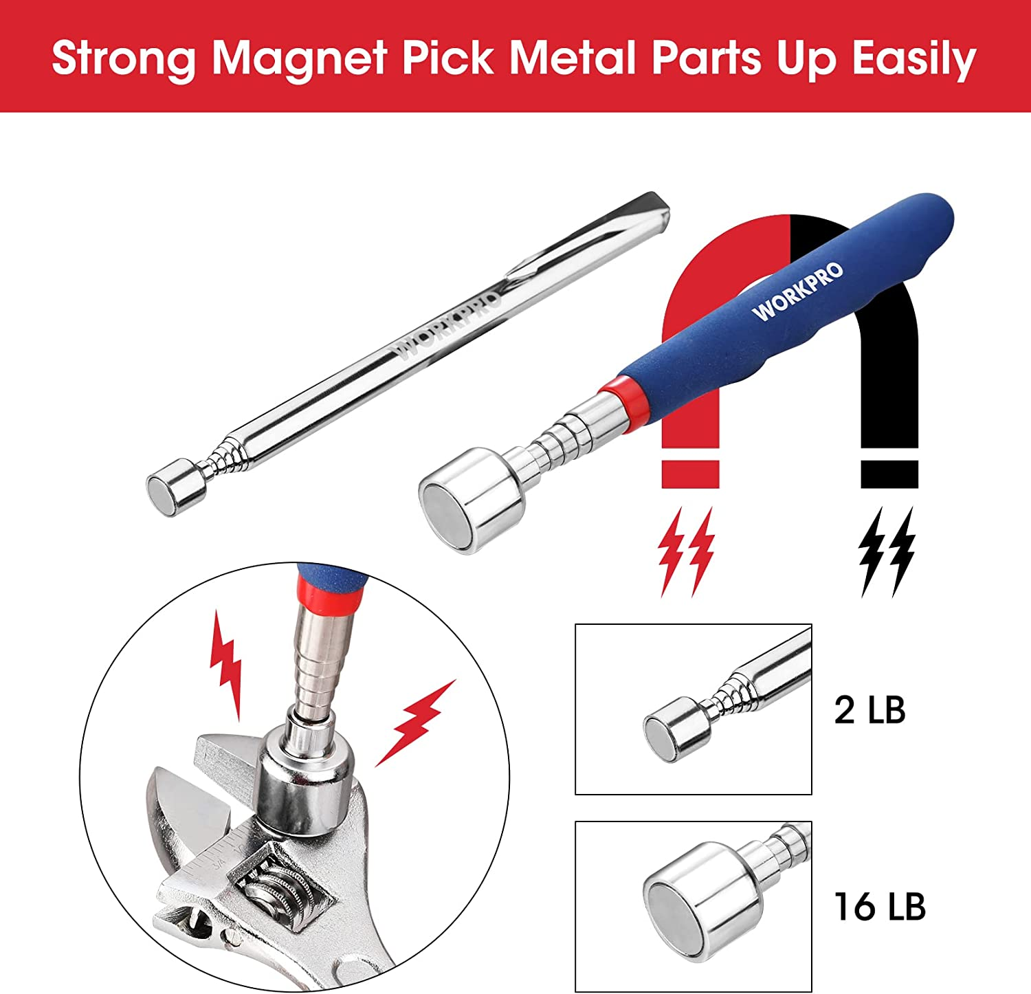 WORKPRO 4PC Telescoping Magnetic Pick up Tool Kit, Includes Telescoping Inspection Mirror, 2PC Magnetic Pick up Tool and Four Claw Grabber Tool, Pick up Grab Tool Set for Auto Repair image number 2
