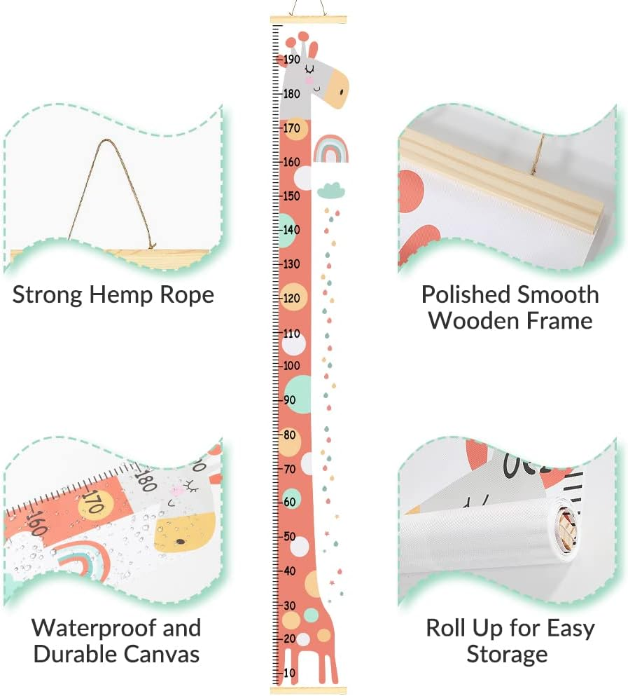 AUTOWT Kids Growth Height Chart, Canvas Height Chart Ruler Removable Wood Hanging Wall Ruler Measurement Chart for Home Decoration image number 2