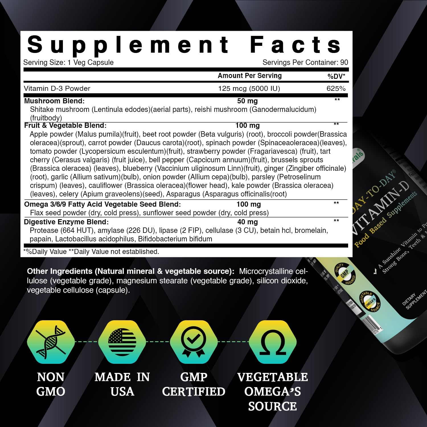 Best Naturals Day-To-Day Vitamin D 5000 IU 90 Veg Capsules - Made with Mushroom, Fruit Vegetable, Omega 3-6-9, & Digestive image number 4