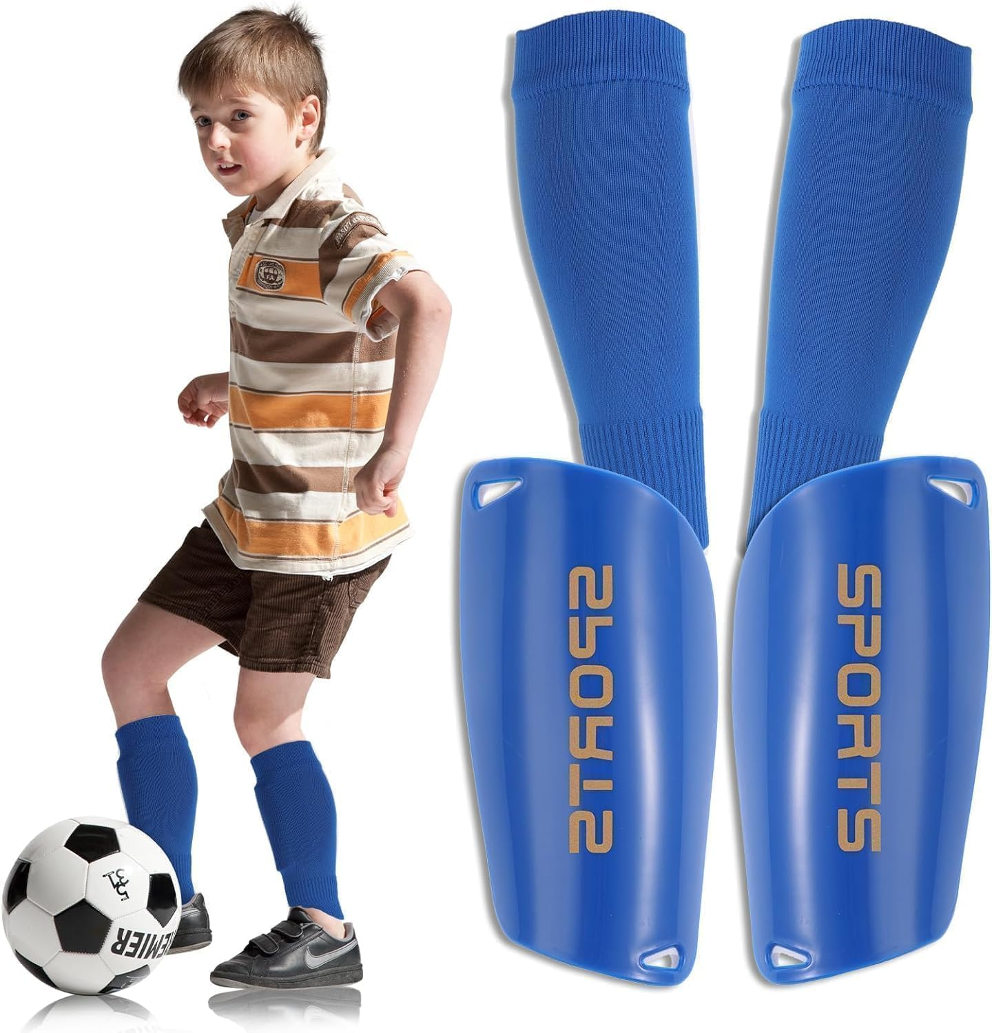 Football Shin Guards and Sleeves for Kids, Shin Pads and High Elastic Long Soccer Socks for 9-13 Years Boys Girls Children, Kids Football Socks for Football Games Leg Calf Protective Gear image number 4