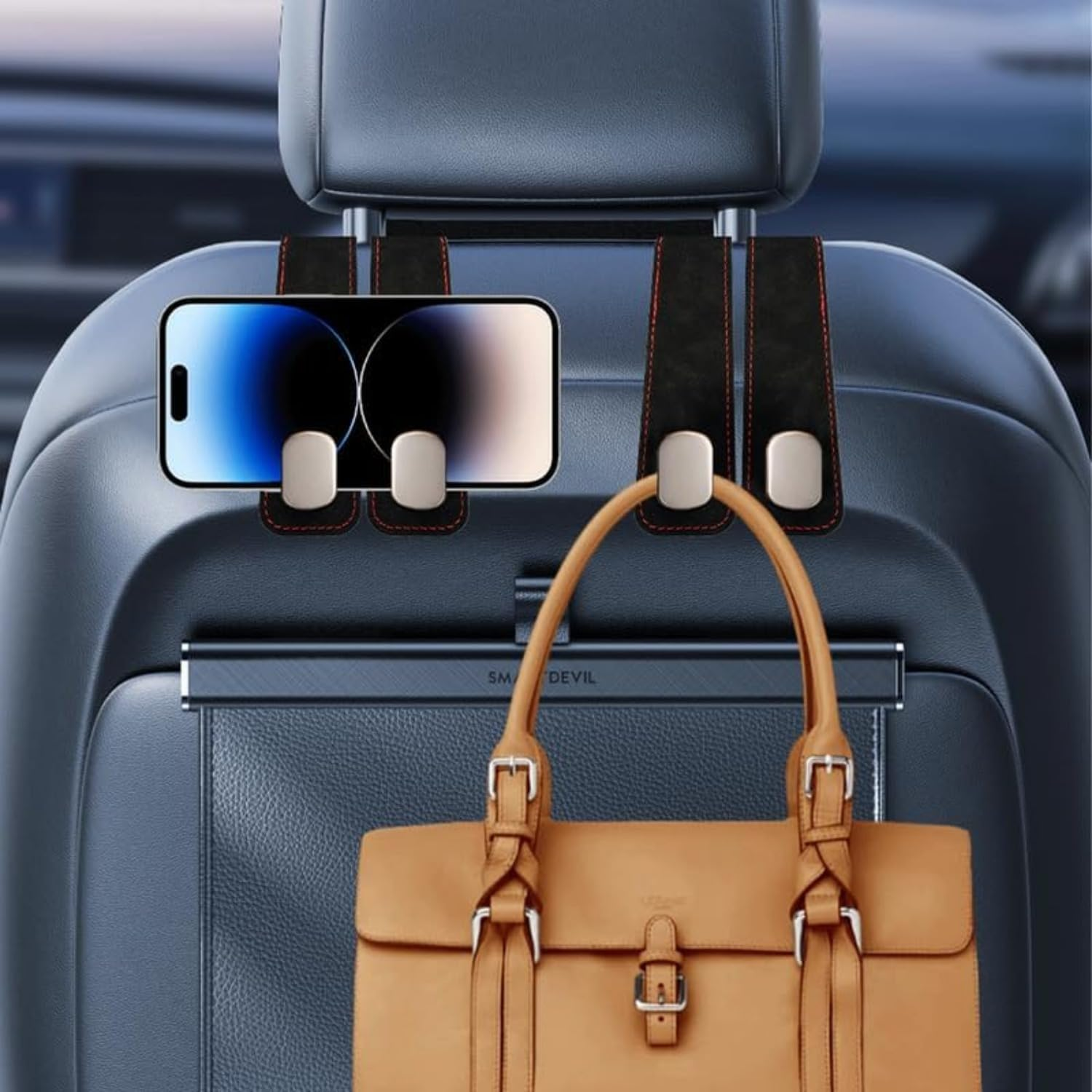 Usinynia 4 Pack Car Hooks for Headrest Double Car Seat Headrest Hooks Car Seat Back Storage Hook for Purses and Bags Leather Purse Hook for Car (Black) - Grey image number 4