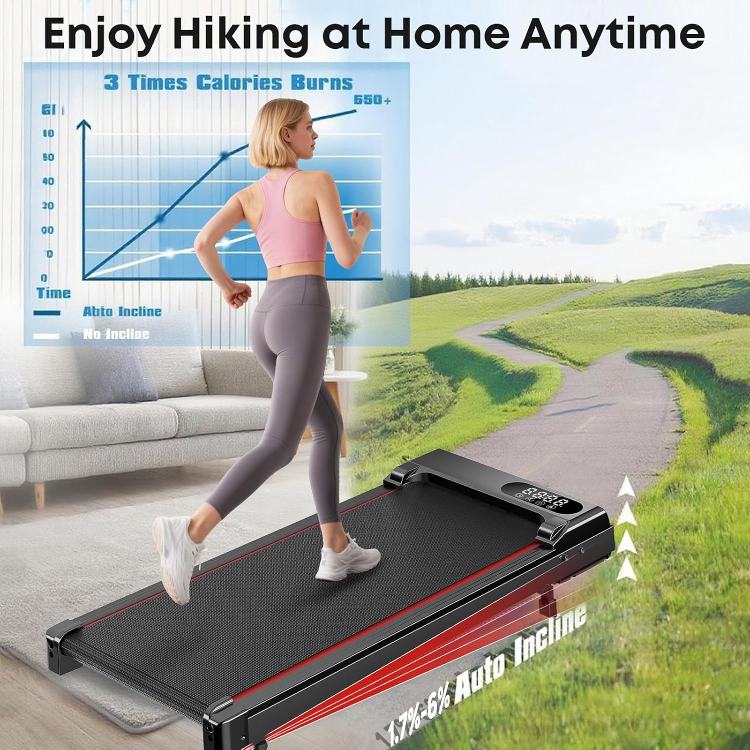 Incline Walking Pad Treadmill, Walking Pad with Incline, 300 Lbs under Desk Treadmills for Home Office, Portable Treadmill with LED Display image number 4