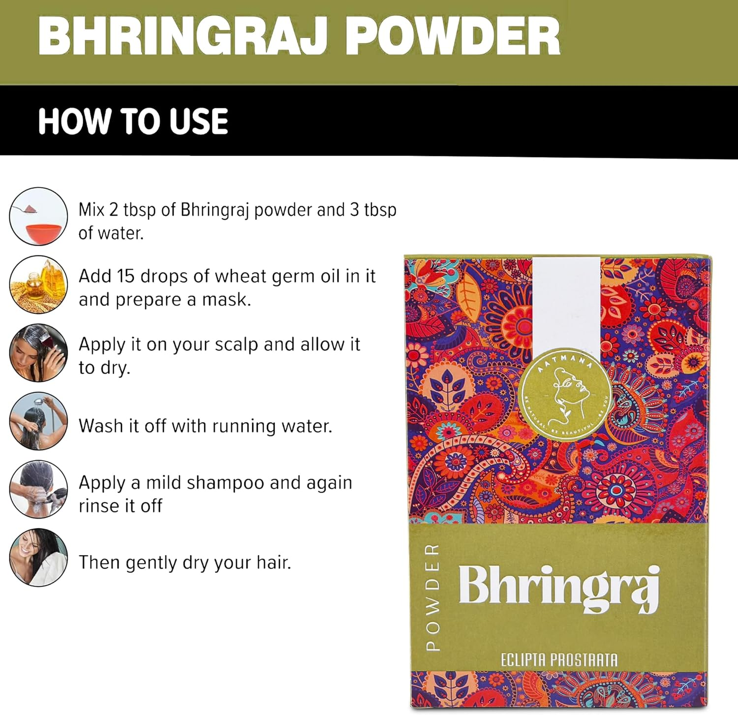 AATMANA Bhringraj Powder | Eclipta Alba | for Silky & Natural Soft Hair | Promote Hair Growth | Increases Hair Thickness | Ayurvedic Hair Products - 100 Grams image number 1
