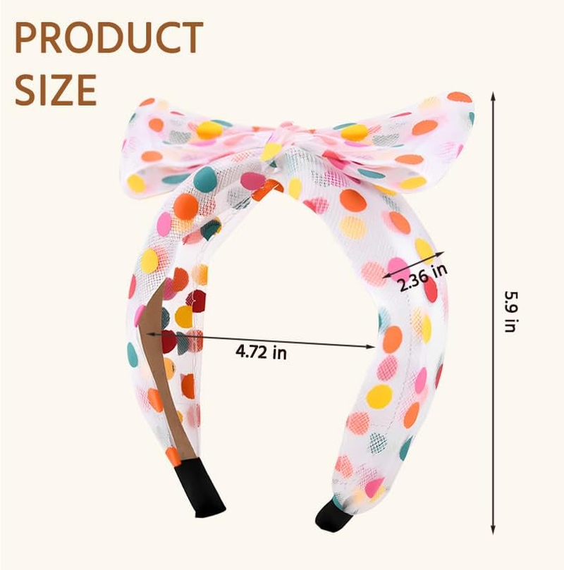 Rainbow Polka Dot Headband for Women Big White Knotted Bow Headbands with Polka Dots Headwrap Headwear Cute Hair Accessories for Girls Nonslip Wide Hairbands image number 4
