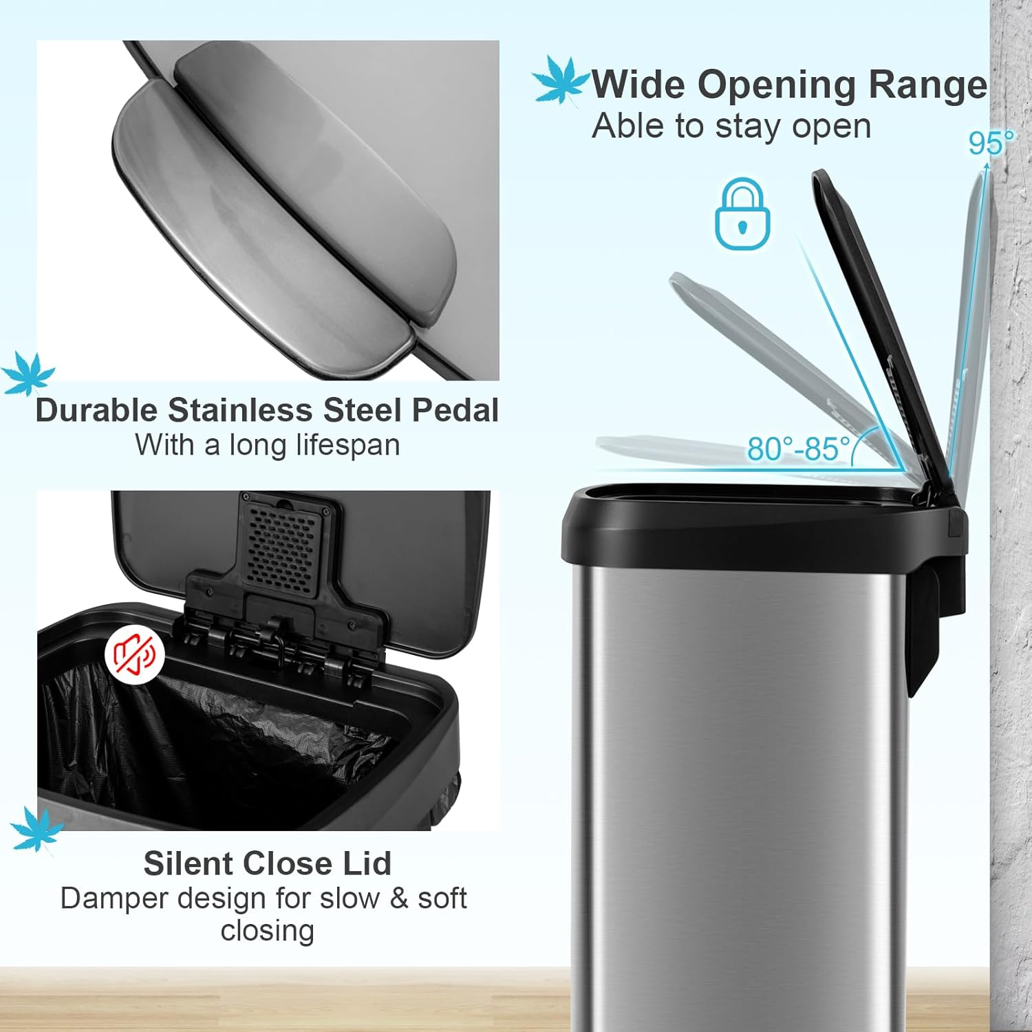 Giantex Step Trash Can, Stainless Steel Garbage Bin with Soft Close Lid & Deodorizer Compartment, Fingerprint-Proof Trash Bin, Step-On Trashcan for Home Office Kitchen (Silver, 50 L) image number 2