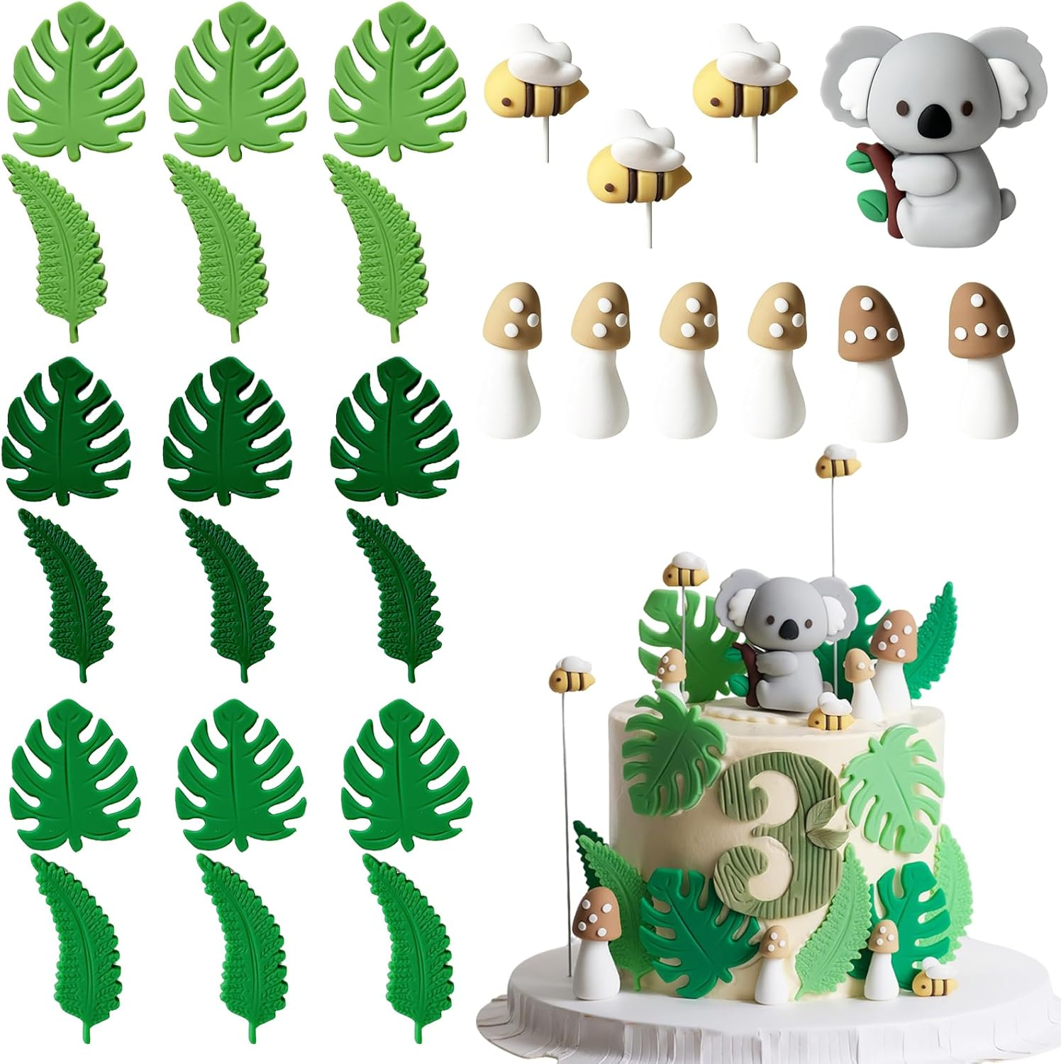 Homiliky Jungle Animal Cake Decorations - Wild Animal Cake Toppers with Koala, Bee or Bear for Kids Birthday Party, Cupcake Toppers for Jungle Theme Party Supplies (Green) image number 4