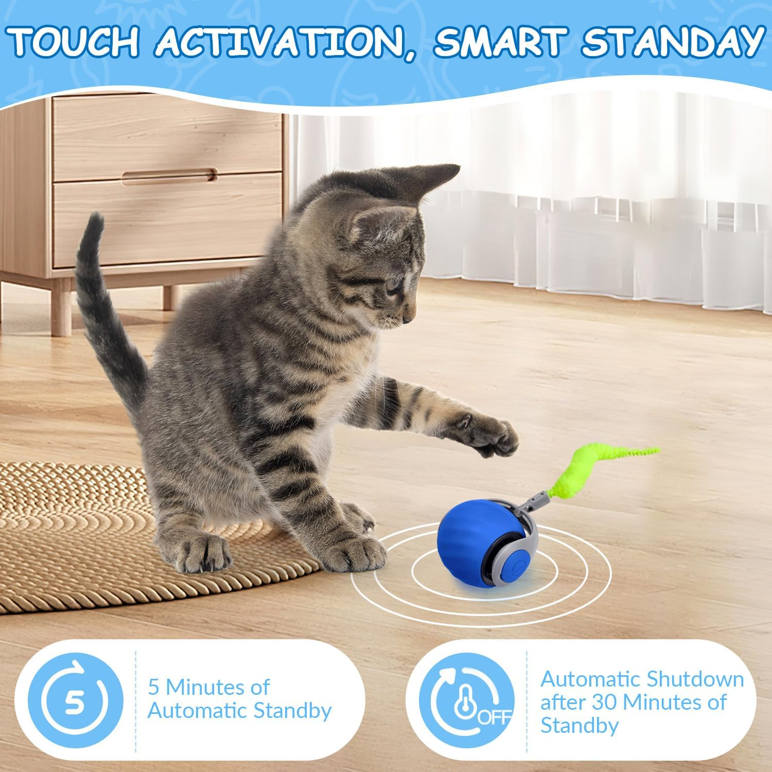 Slowton Interactive Cat Toy - Automatic Cat Ball Toy, Smart Cat Ball Toys Ball for Indoor Cats USB Rechargeable Cat Toys Electric Rotating Cat Toy with Plush Tail image number 4