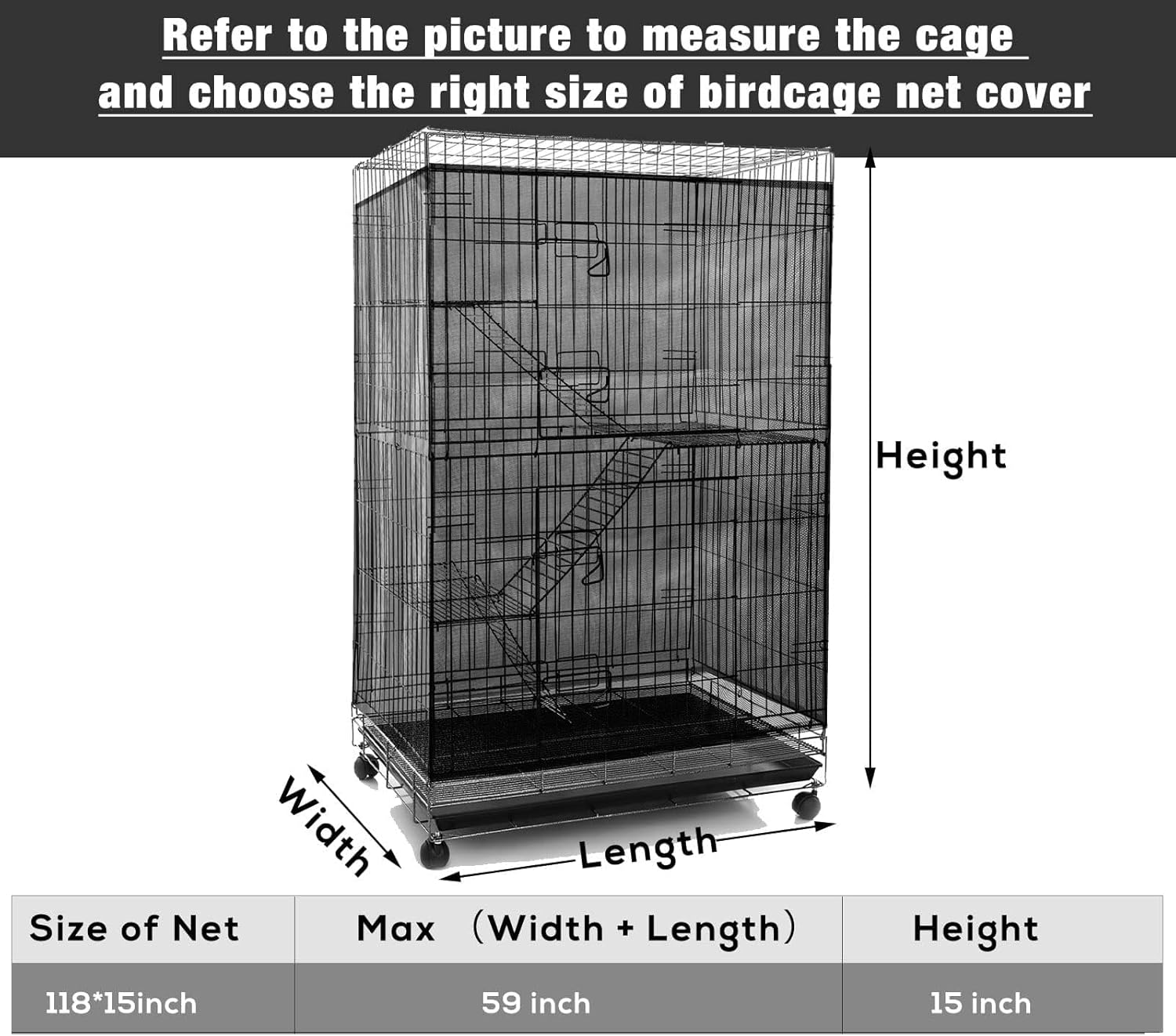 Adjustable Bird Cage Net Cover Birdcage Seed Feather Catcher Soft Skirt Guard Birdcage Nylon Mesh Netting for Parrot Parakeet Macaw round Square Cages (Black, 118 X 15 Inch/ 300 X 37 Cm) image number 2