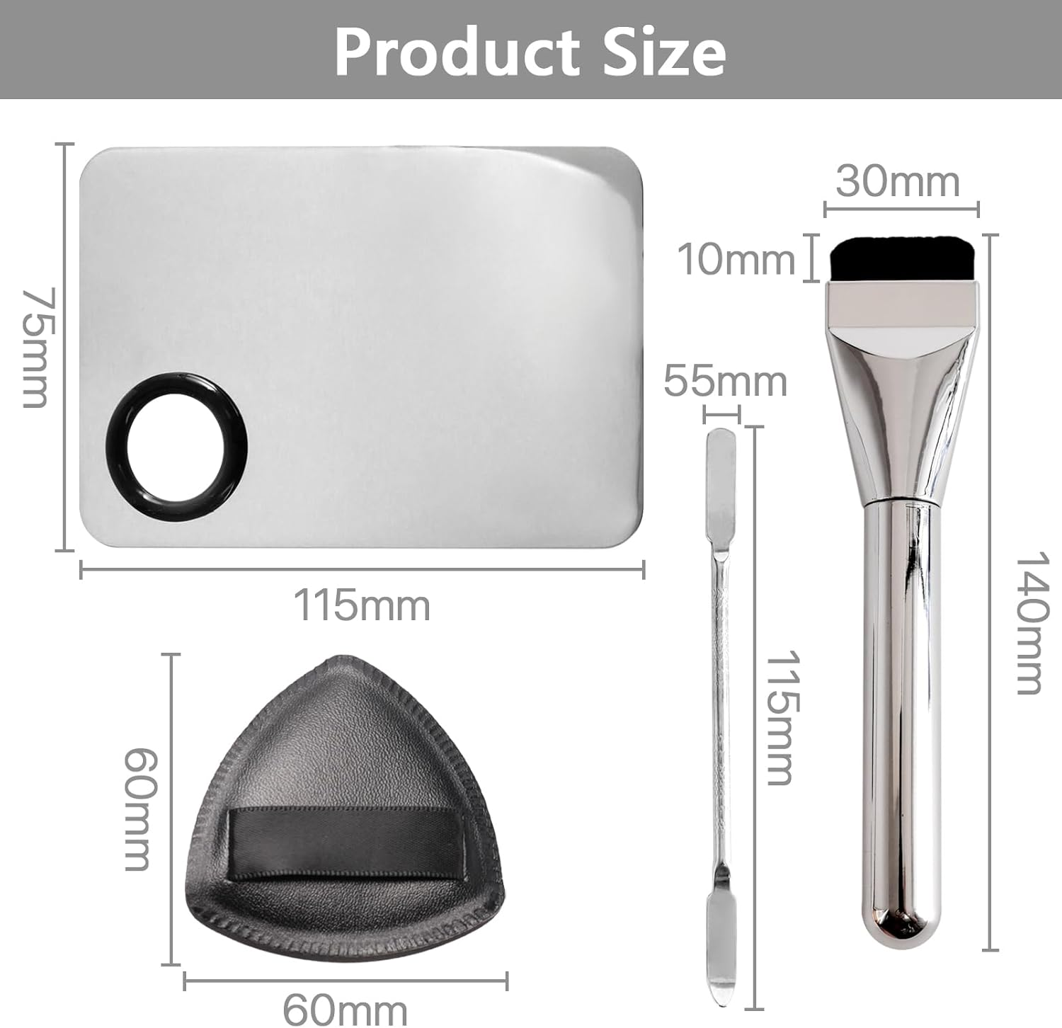 Wowled Pack of 4 Makeup Brush Set - Thin Flat Foundation Brush, Makeup Sponge Cosmetic Puff, Stainless Steel Mixing Palette & Spatula - Smooth & Flawless Application (Silver, Pack of 4 Pieces) image number 2