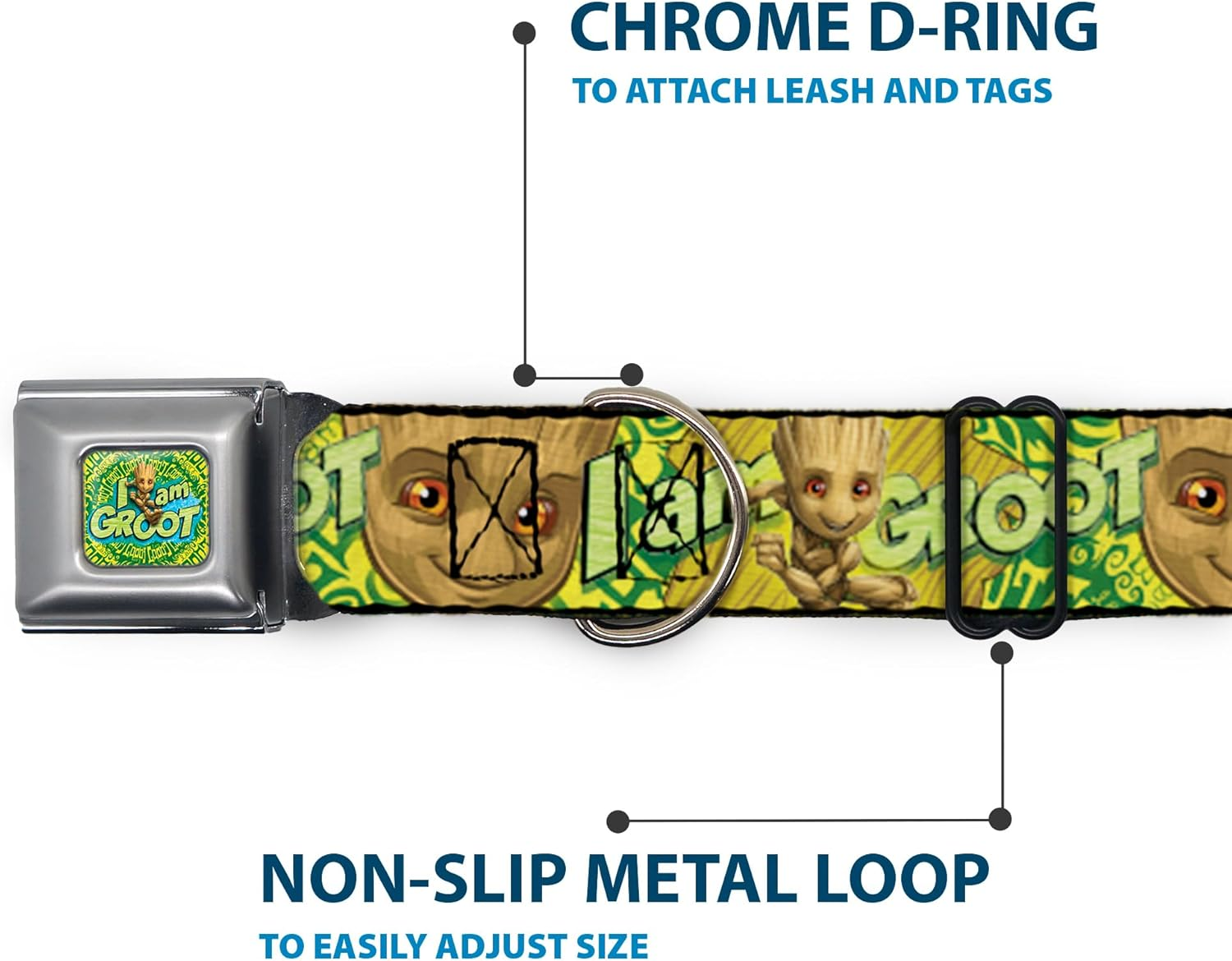 Dog Collar Seatbelt Buckle Baby Groot Pose Face I Am Groot Browns Greens Yellows 16 to 23 Inches 1.5 Inch Wide image number 1
