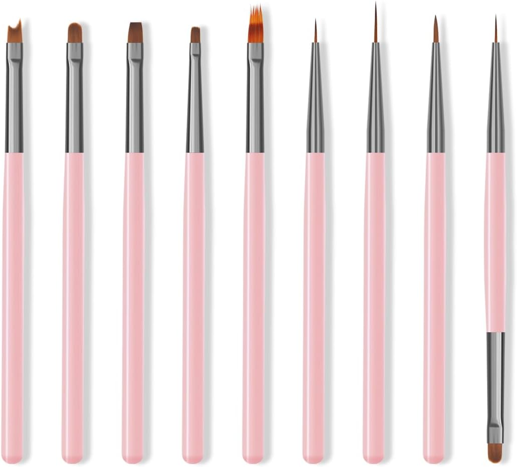ZEOHBETY Nail Art Brushes Set, 9Pcs Nail Design Painting Brushes, Professional Nail Art Design Brushes, Nail Fine Liner Brushes, Pink
