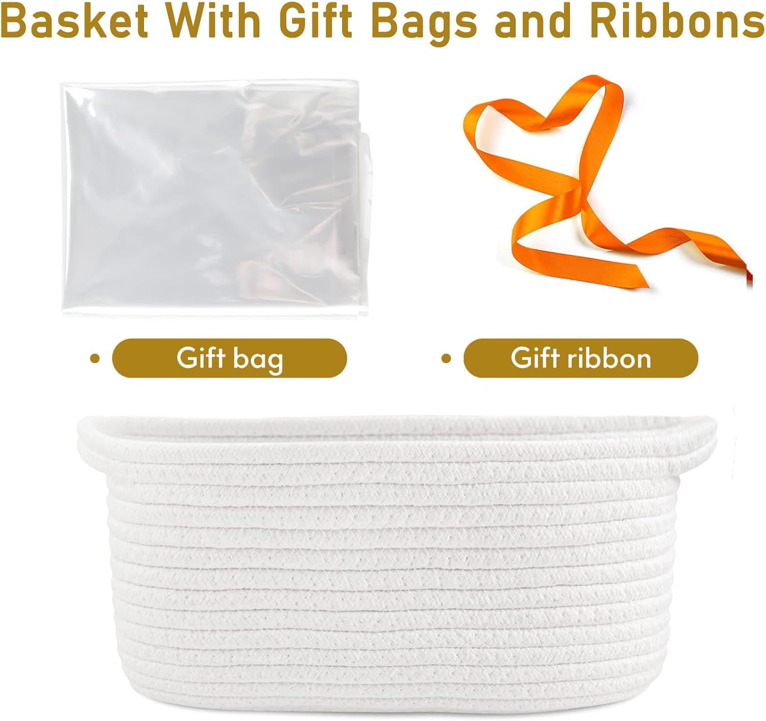 Baby Gift Basket with Gift Bags and Ribbons, 12X 8 X 5 Inch Empty Cotton Rope Baby Basket, Basket Organizer for Baby and Pet Toys, White image number 1
