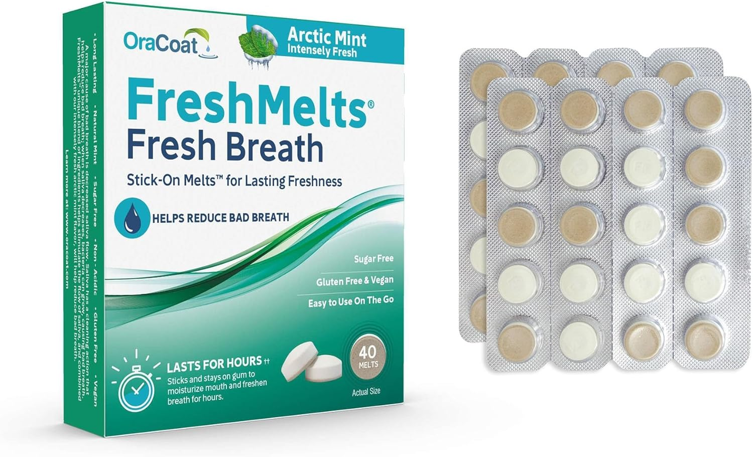 Freshmelts by Oracoat &ndash; Arctic Mint Breath Fresheners, 40 Pack &ndash; Sugar-Free, Vegan, Long-Lasting Mint Flavour for Bad Breath &ndash; Stick-On Oral Discs, Travel & Everyday Freshness
