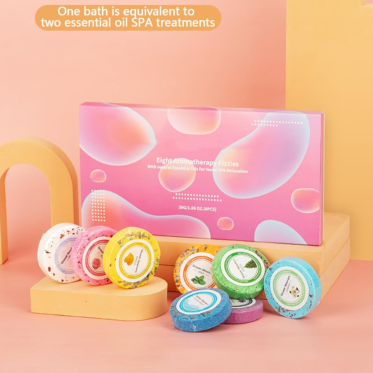 Aromatherapy Shower Steamers, 8 Pcs with Box, 8 Fragrances, Shower Bomb Tablets Set, Natural Ingredients, Self Care, Relaxation for Women Men, Lavender, Mint, Milk, Rose, Mango, Jasmine image number 2
