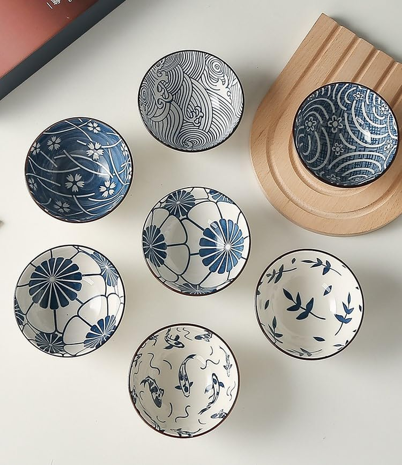 6Pcs Japanese Ceramic Rice Bowls,Blue and White Dipping Bowls Soy Sauce Dish Small Ceramic Bowls Ideal for Sauces Snacks and Party Food Unique Floral Design Kitchen Tableware,300Ml/10 Oz image number 3