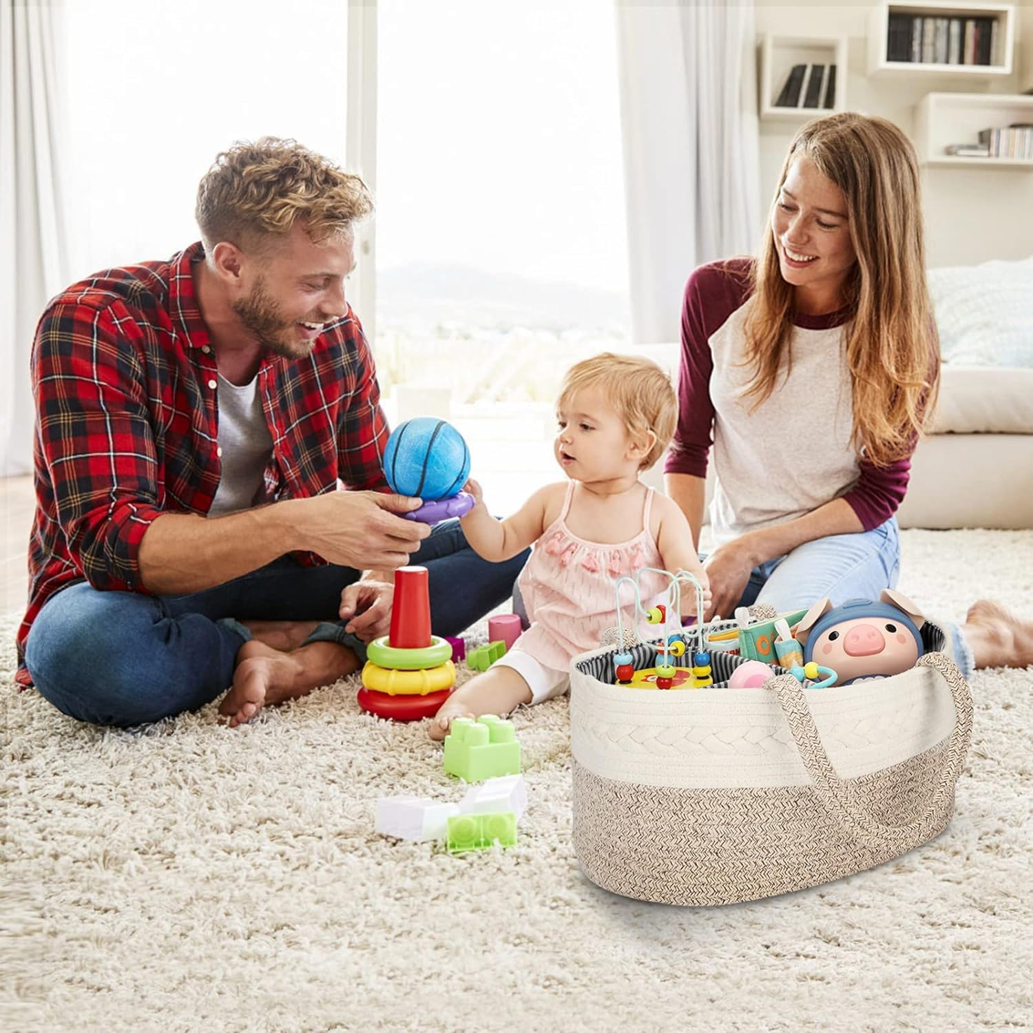 Large Baby Diaper Caddy Organizer for Girl Boy Rope Nursery Storage Bin Basket Portable Holder Tote Bag for Changing Table Car Travel Baby Shower Gifts Newborn (White and Beige) image number 5