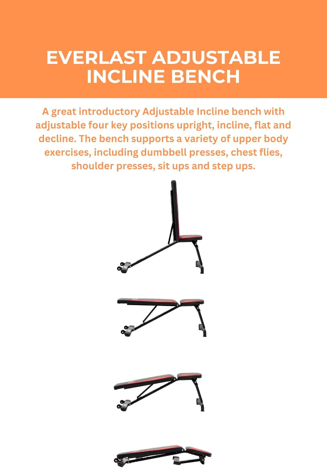 Everlast Adjustable Incline Bench, Black / Red image number 2