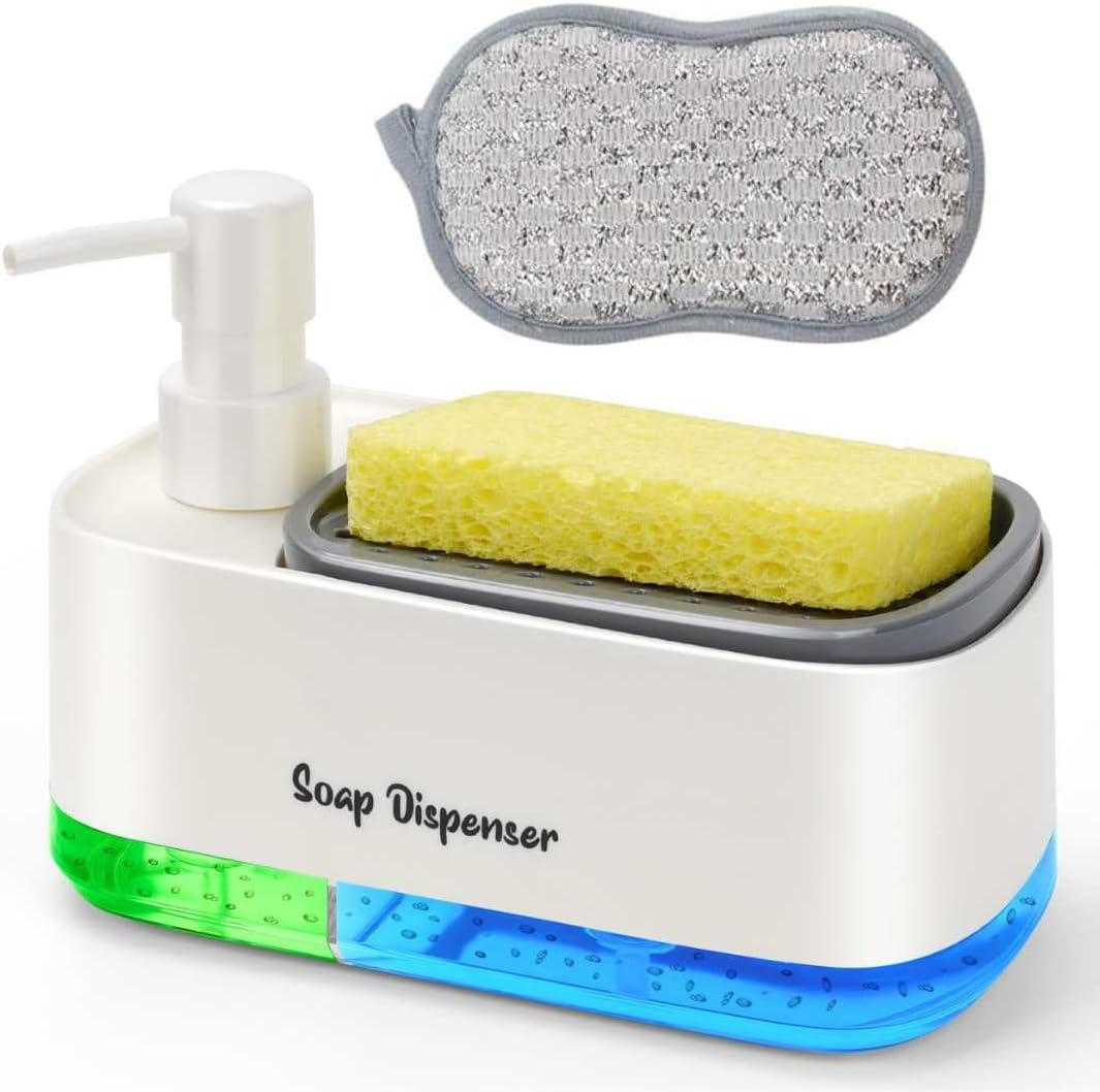 Dishwashing Countertop Soap Dispenser and Sponge Holder with 2-In-1 Design, Soap Pump Dispenser, and One Free Wire Dishwashing Rag Included in the Package, Black.